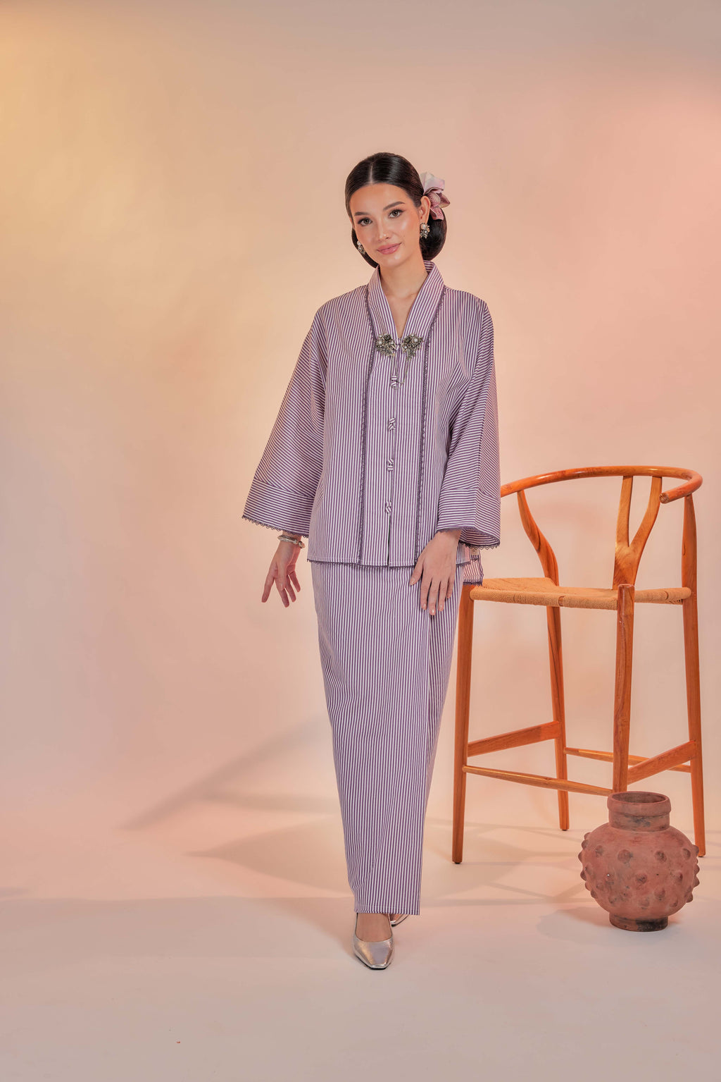 Ungu-Orked Cotton Striped Kebaya with Lace Trim Set