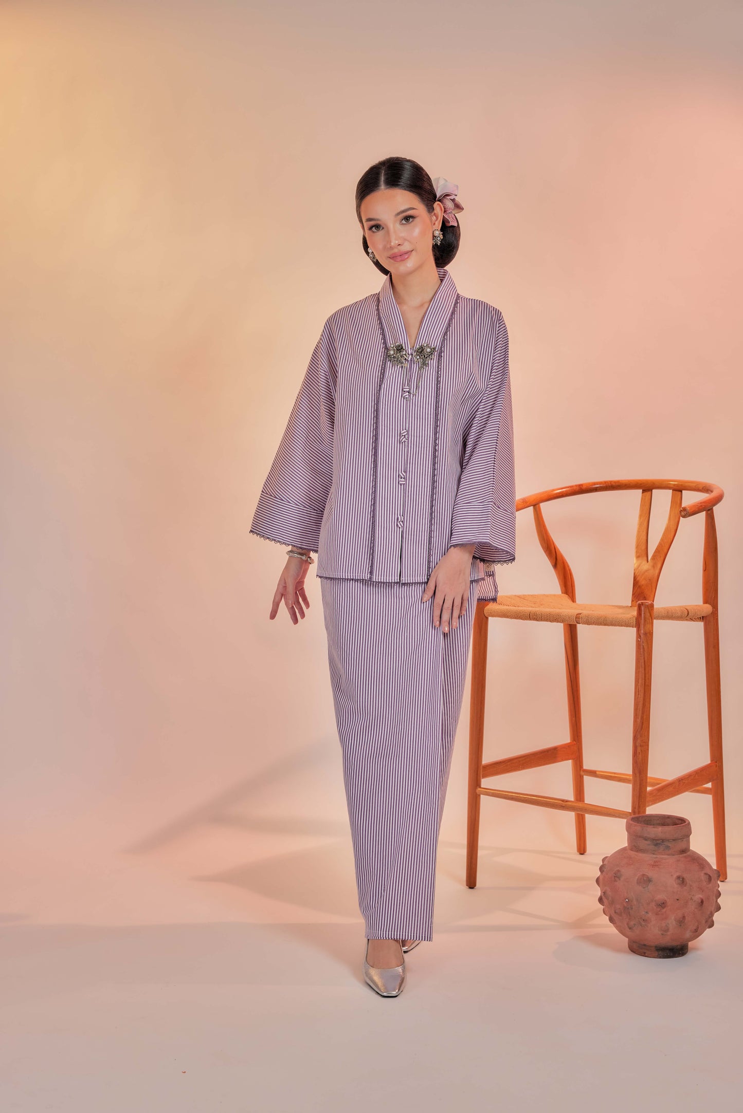 Ungu-Orked Cotton Striped Kebaya with Lace Trim Set