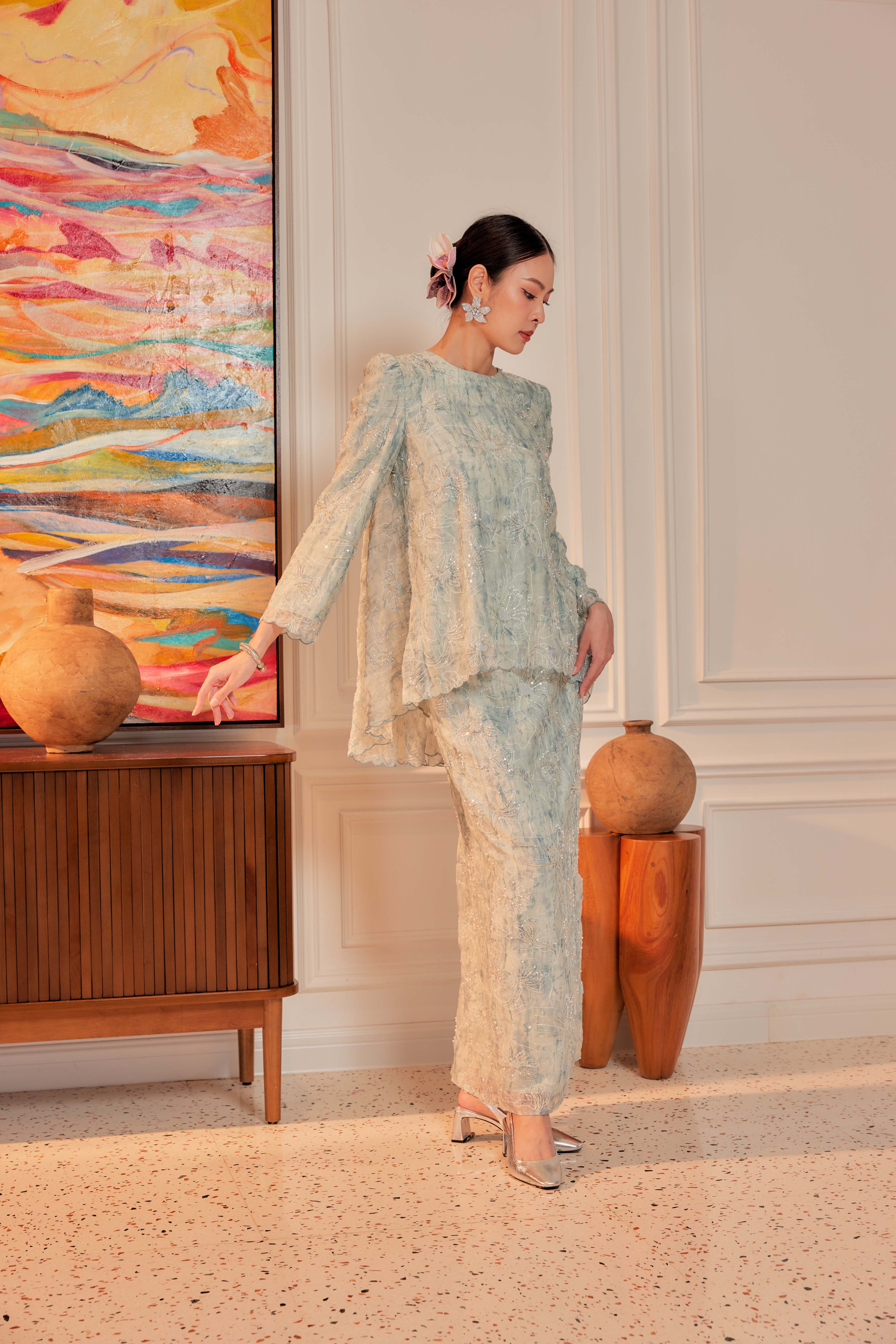 Ash Teal - Nona Pearl Beaded Embellished Kurung (Fully Lined)