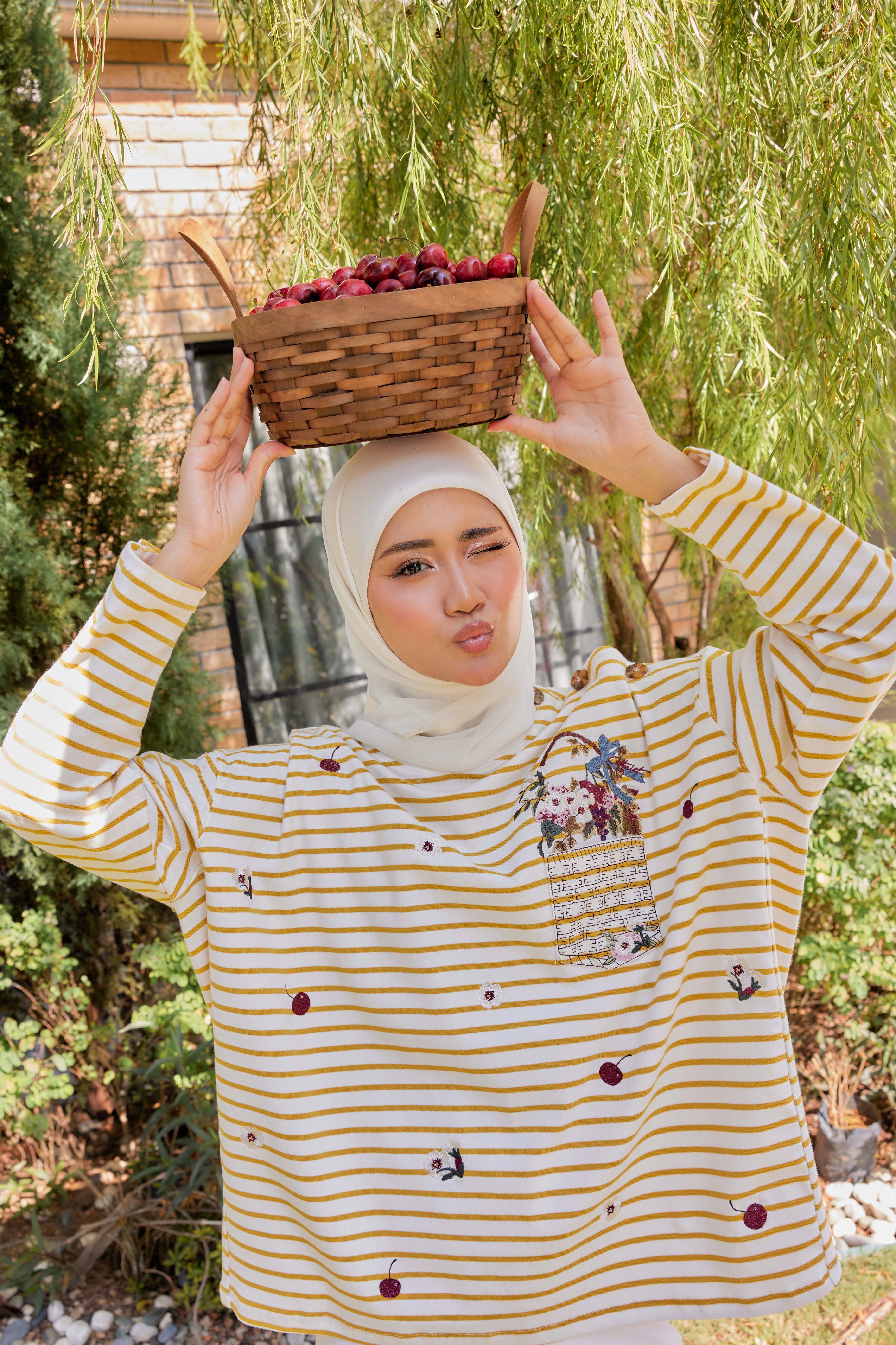 [PREORDER] Fleuriste Embroidered Cotton Tee with Signature Buttons — Butter Yellow Stripes