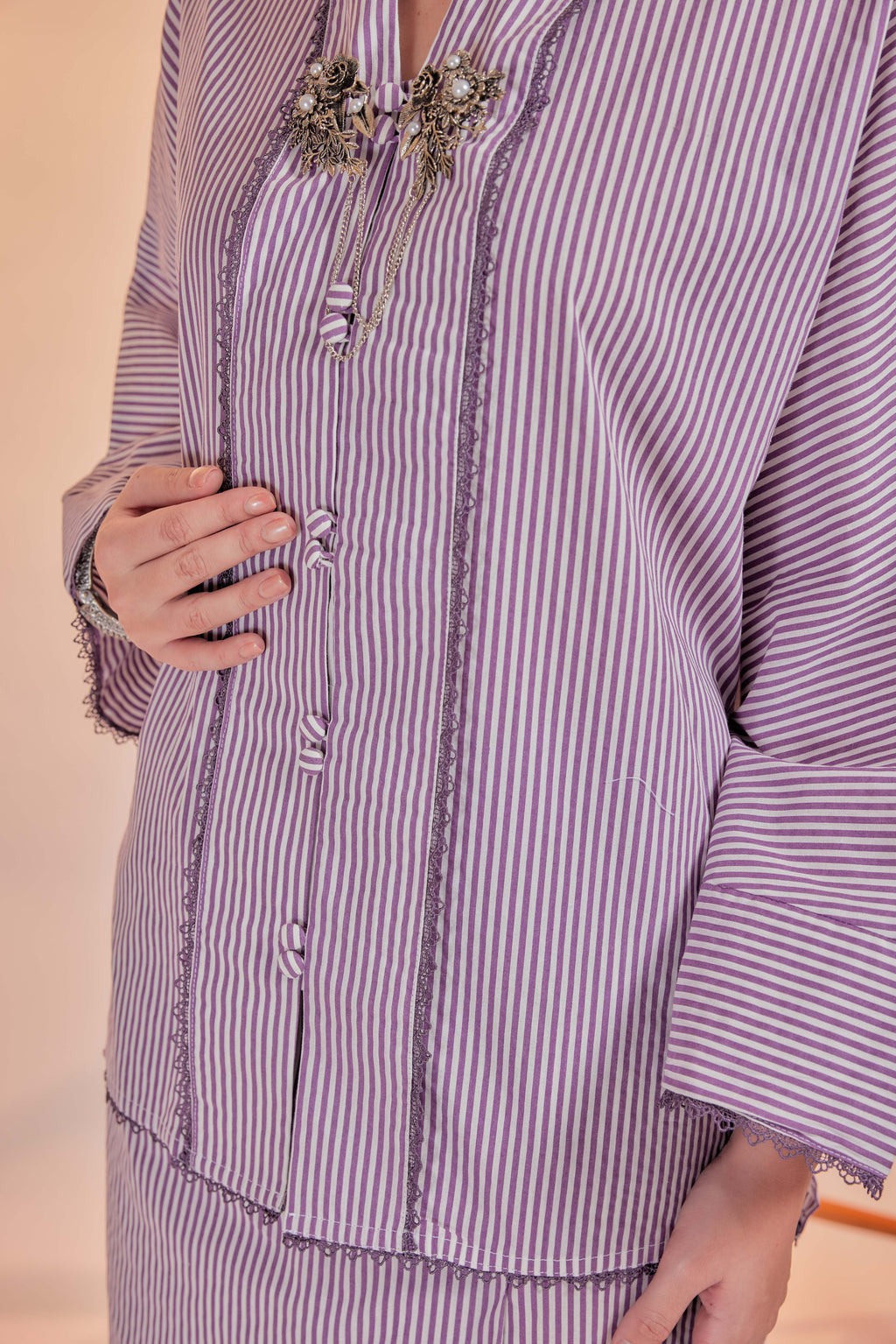 Ungu-Orked Cotton Striped Kebaya with Lace Trim Set