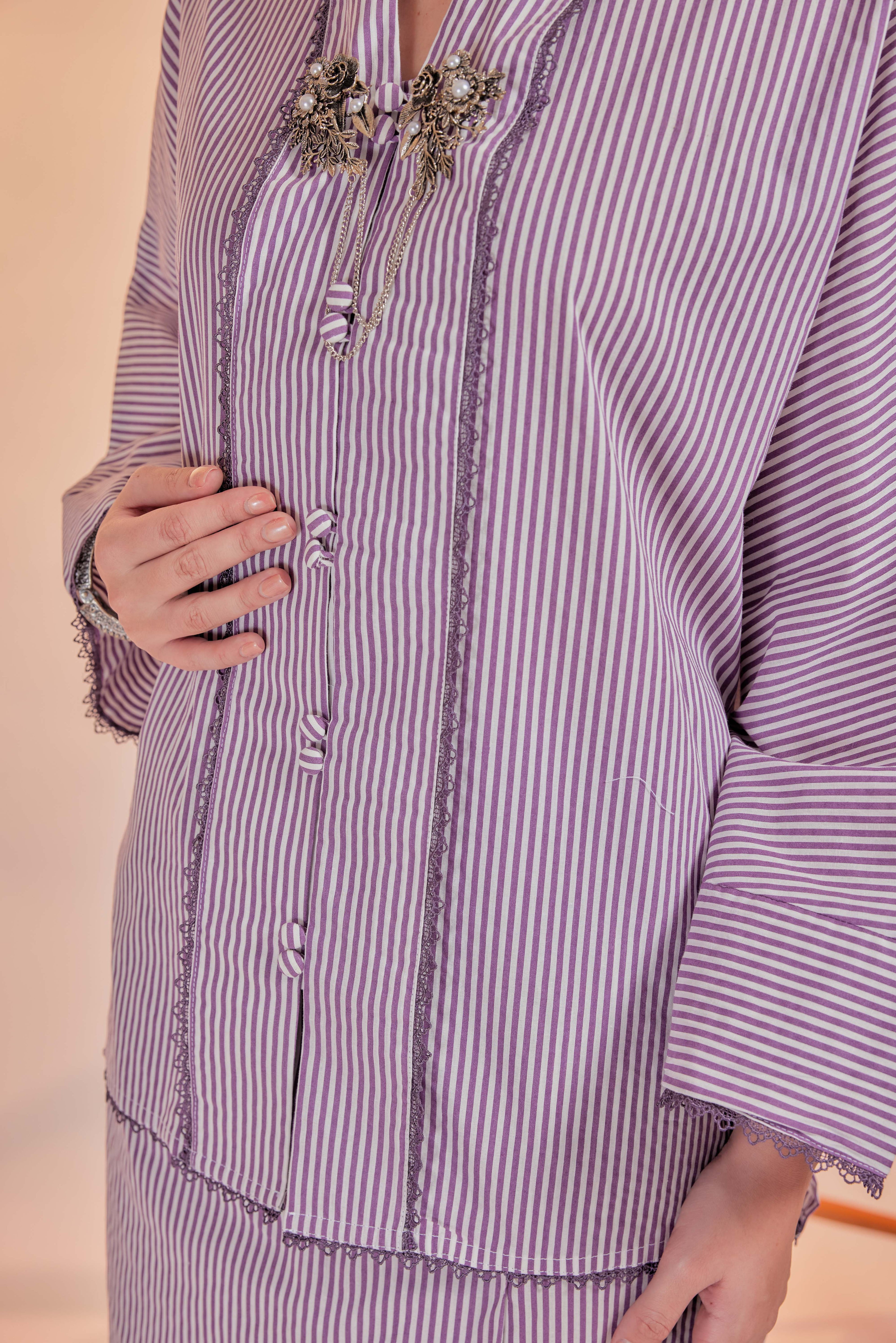 Ungu-Orked Cotton Striped Kebaya with Lace Trim Set