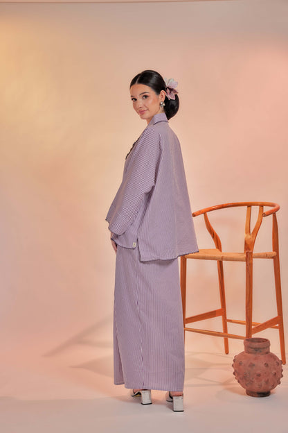 Ungu-Orked Cotton Striped Kebaya with Lace Trim Set