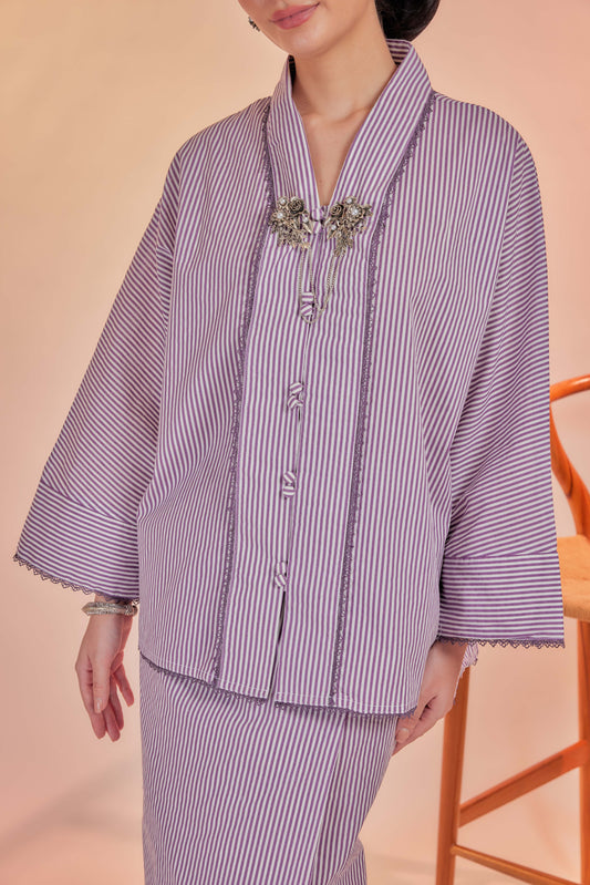 Ungu-Orked Cotton Striped Kebaya with Lace Trim Set