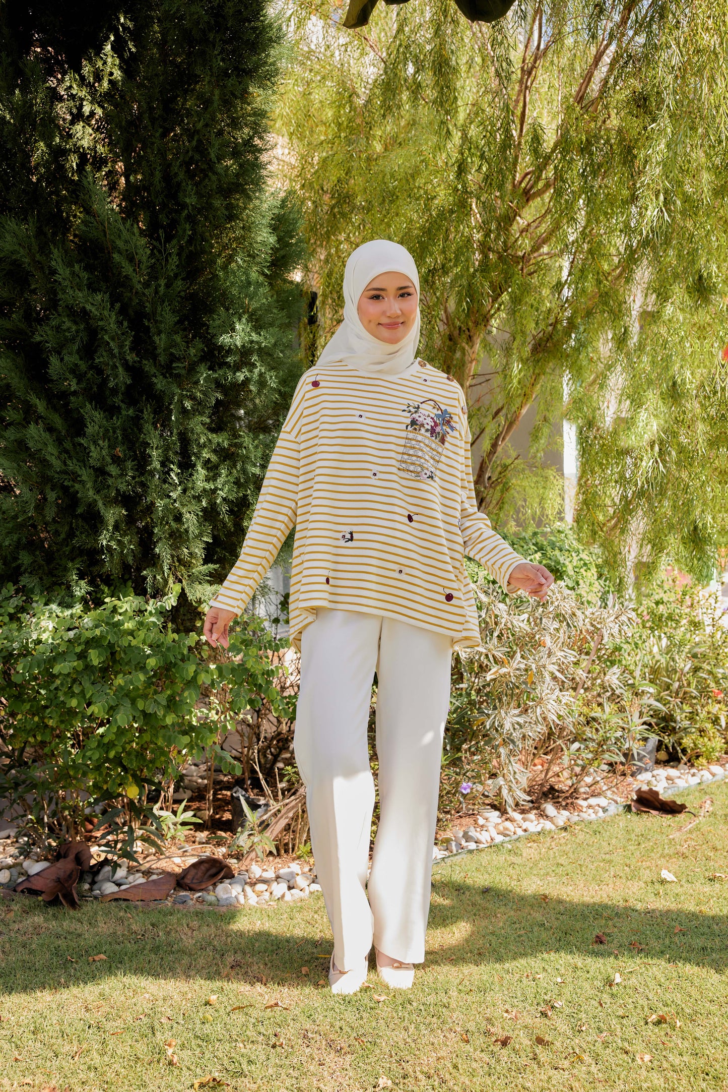 [PREORDER] Fleuriste Embroidered Cotton Tee with Signature Buttons — Butter Yellow Stripes