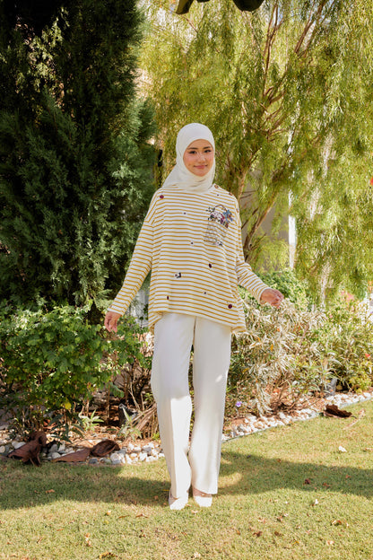 [PREORDER] Fleuriste Embroidered Cotton Tee with Signature Buttons — Butter Yellow Stripes