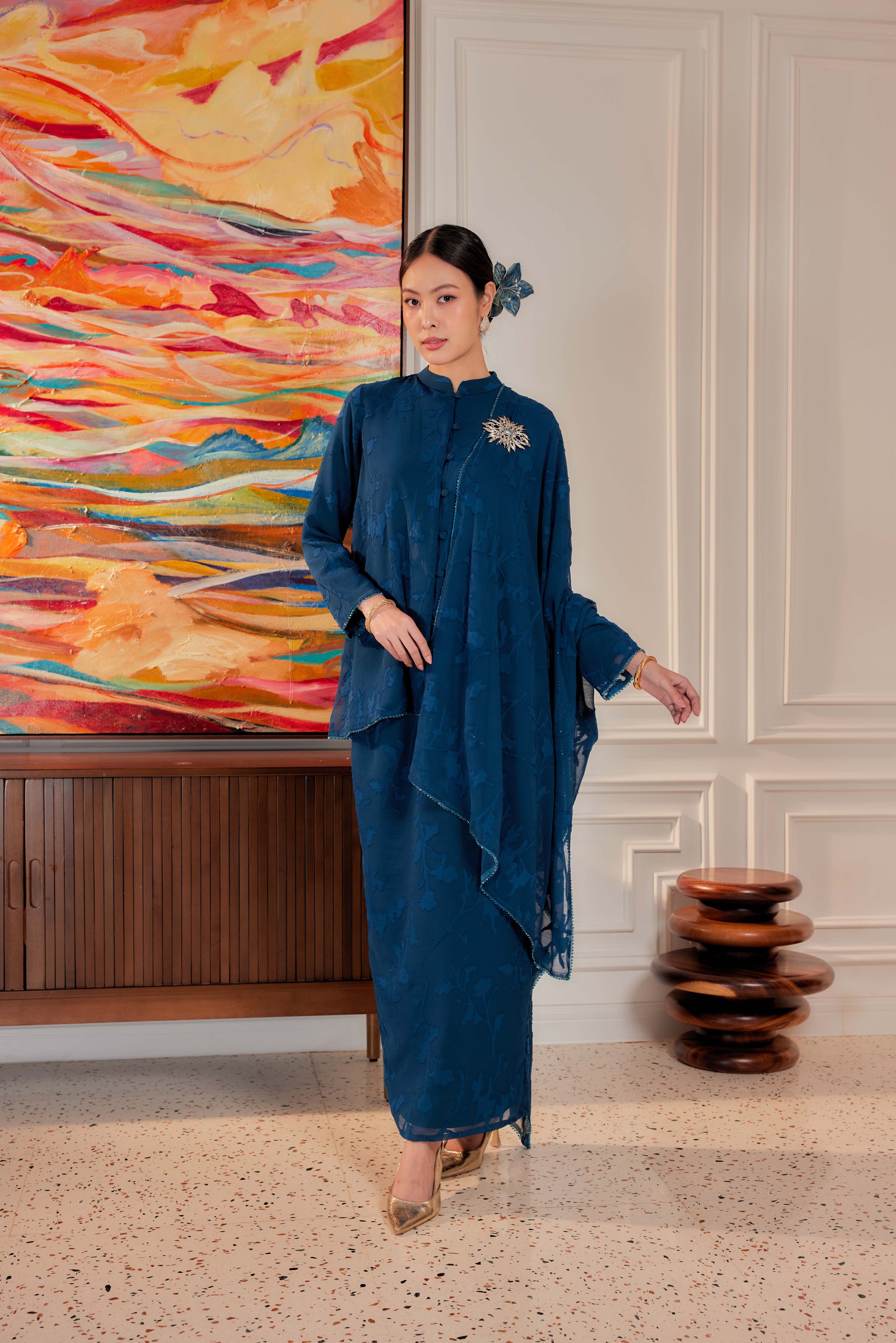 Indah Pelangi Kebarung in Teal Blue – The Beaded Edition, Fully Lined