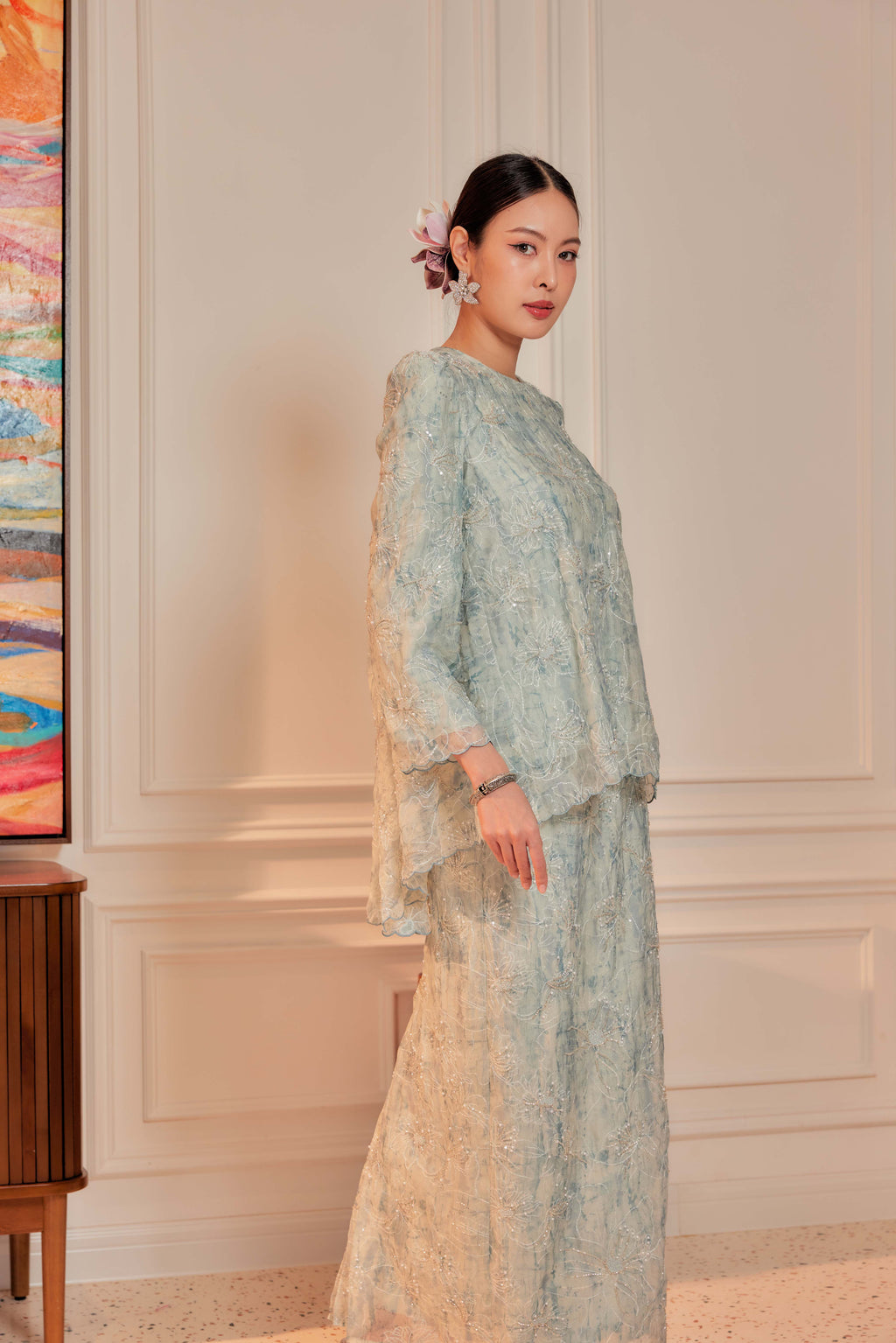 Ash Teal - Nona Pearl Beaded Embellished Kurung (Fully Lined)