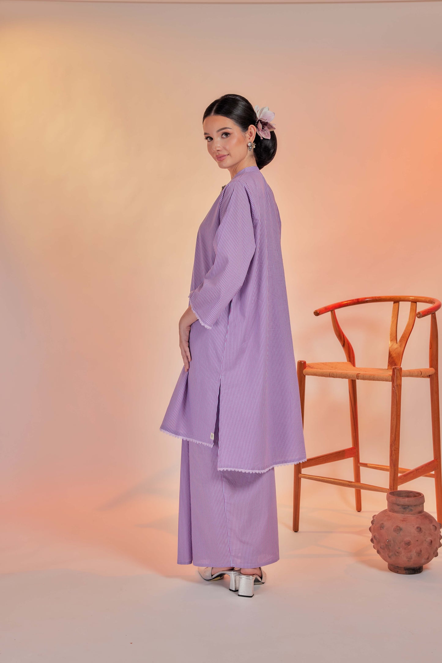 Ungu-Airis Cotton Striped Kebarung with Lace Trim Set