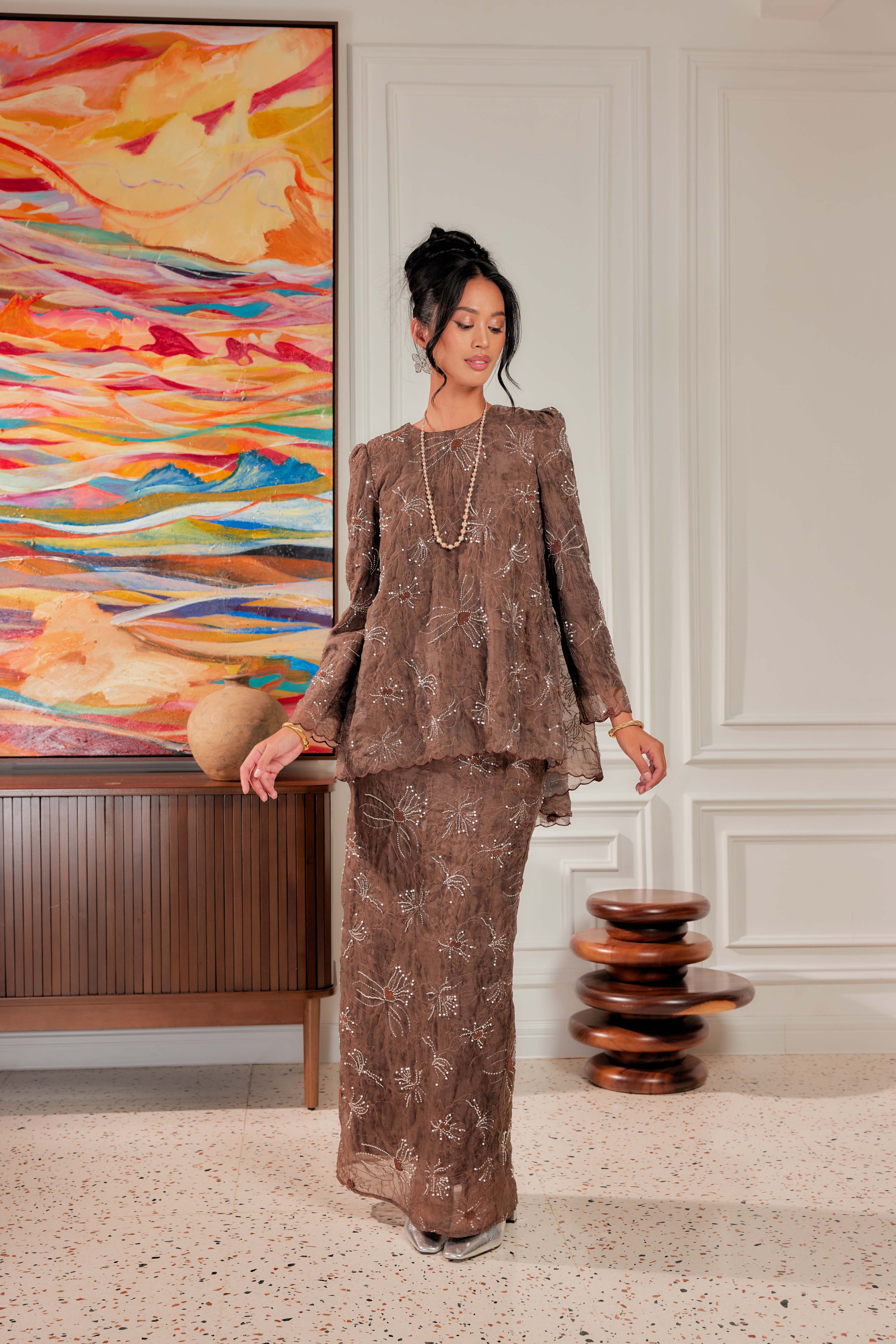 Rich Brown - Nona Pearl Beaded Embellished Kurung (Fully Lined)