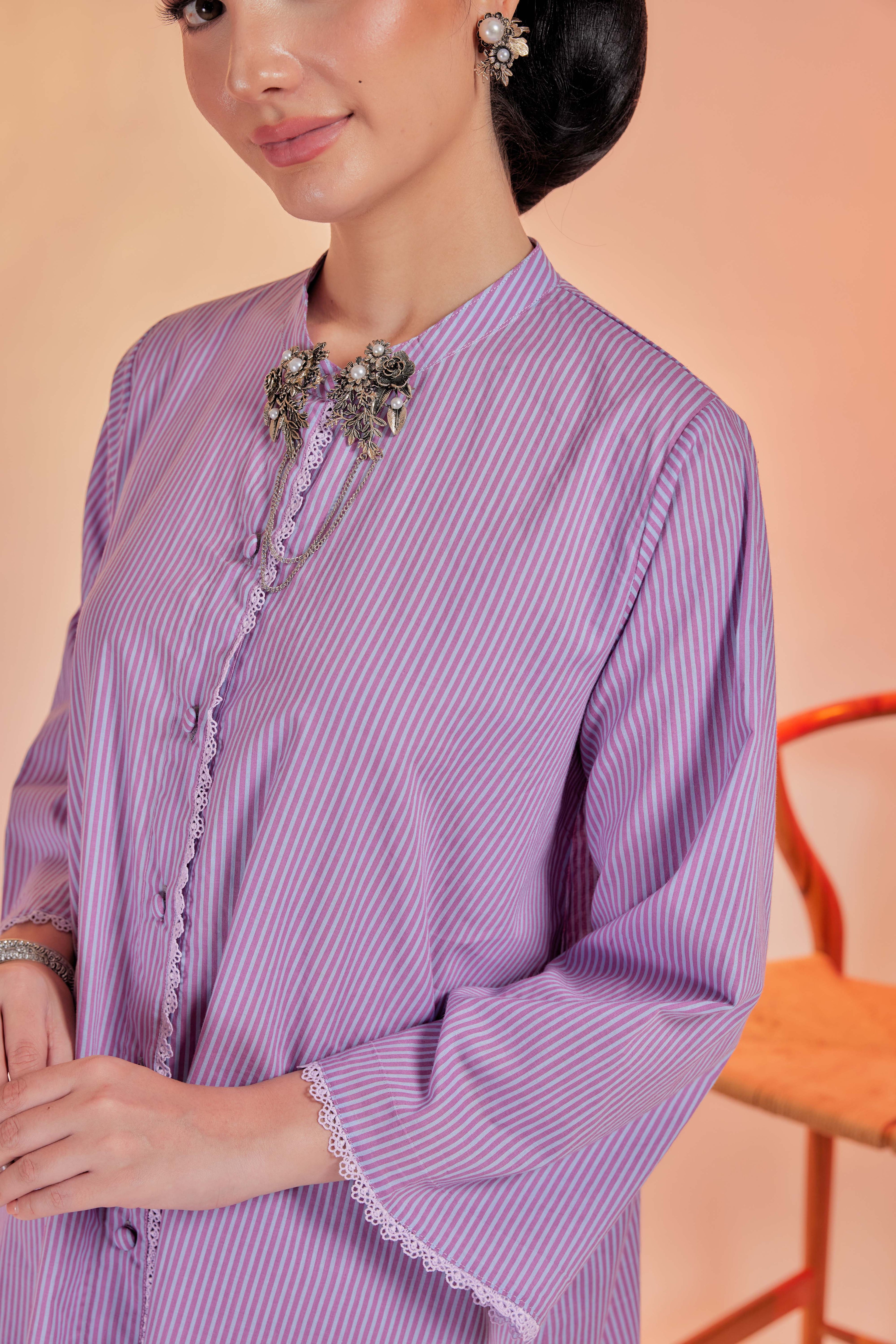 Ungu-Airis Cotton Striped Kebarung with Lace Trim Set