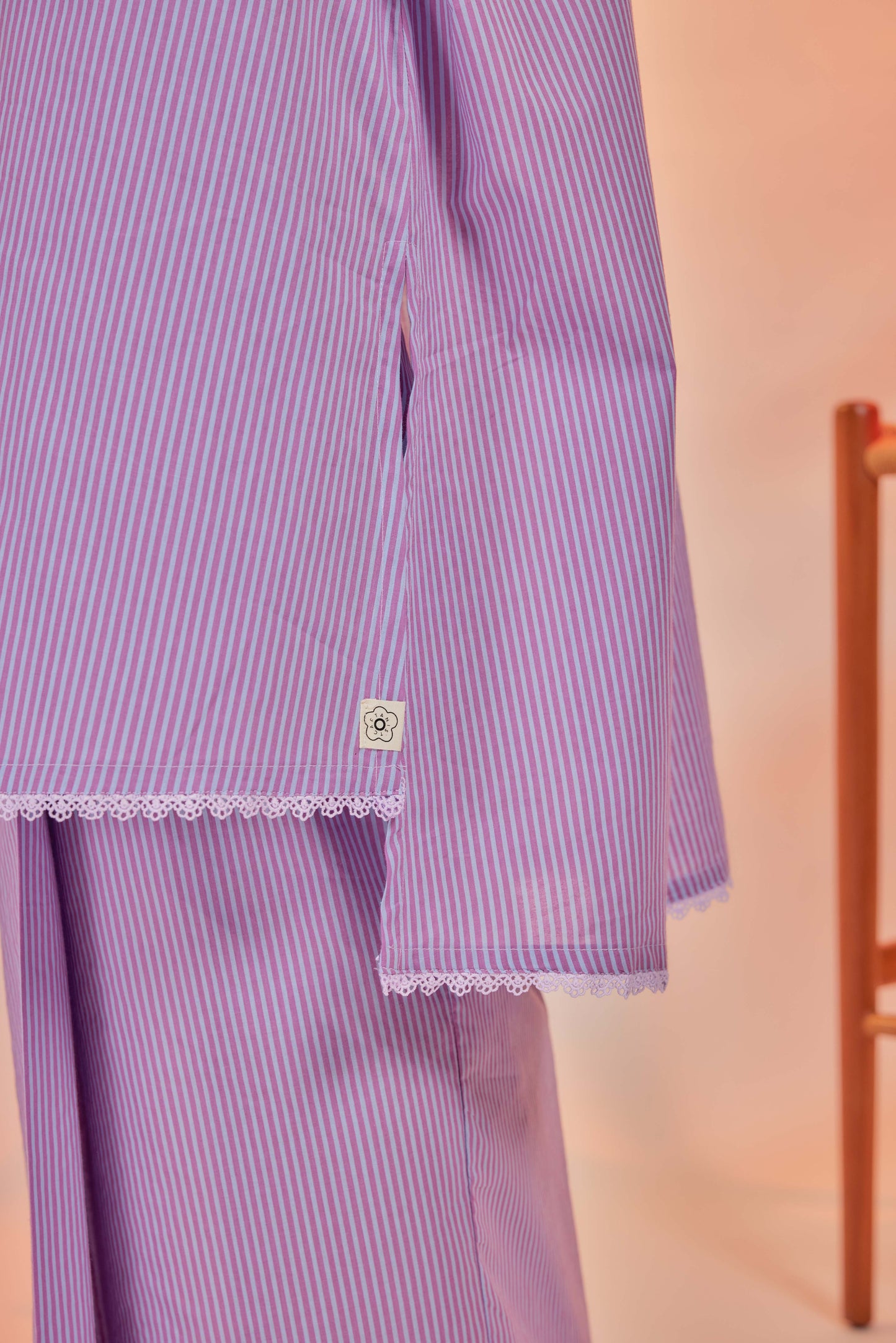 Ungu-Airis Cotton Striped Kebarung with Lace Trim Set