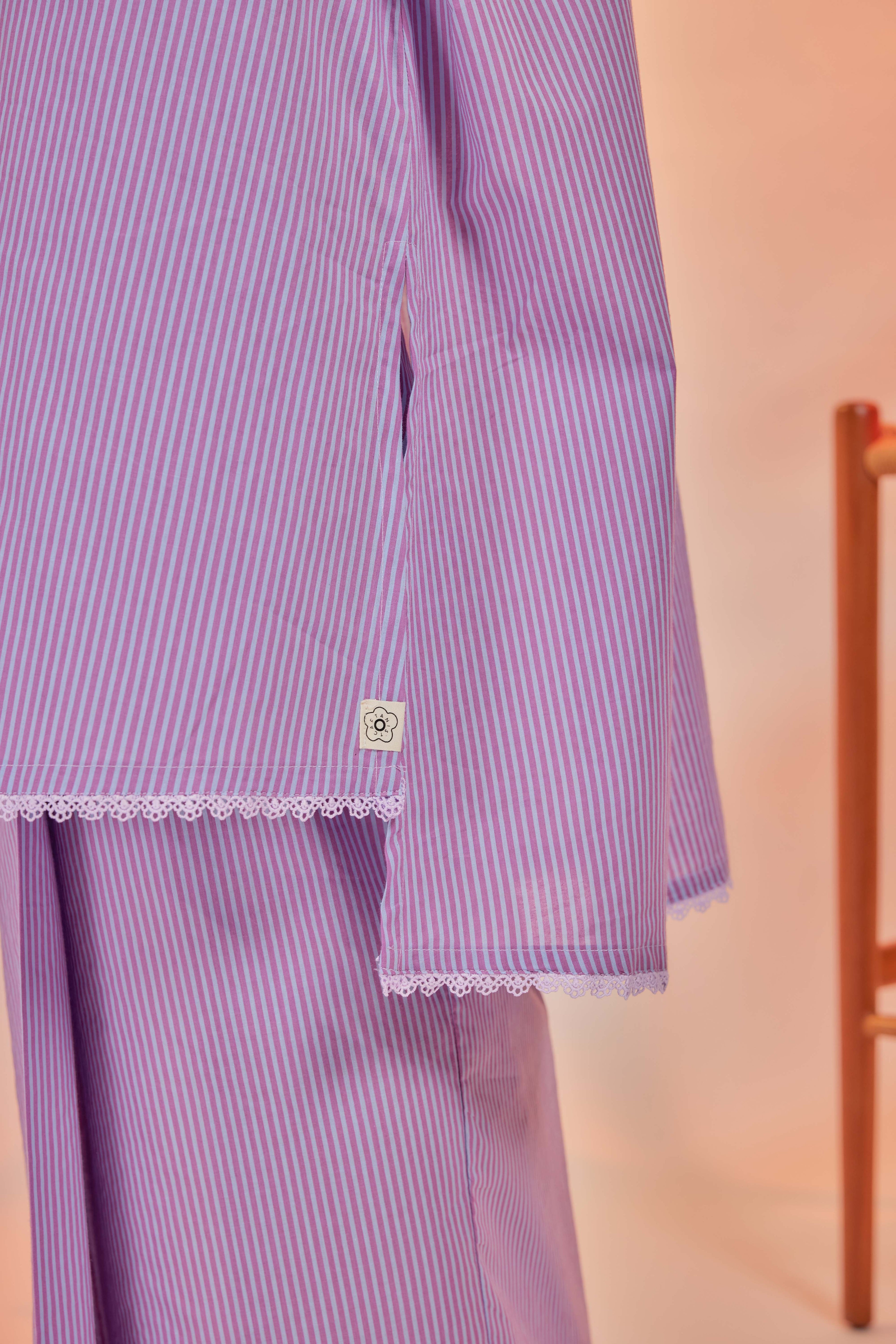 Ungu-Airis Cotton Striped Kebarung with Lace Trim Set