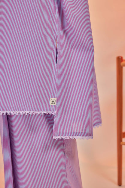 Ungu-Airis Cotton Striped Kebarung with Lace Trim Set