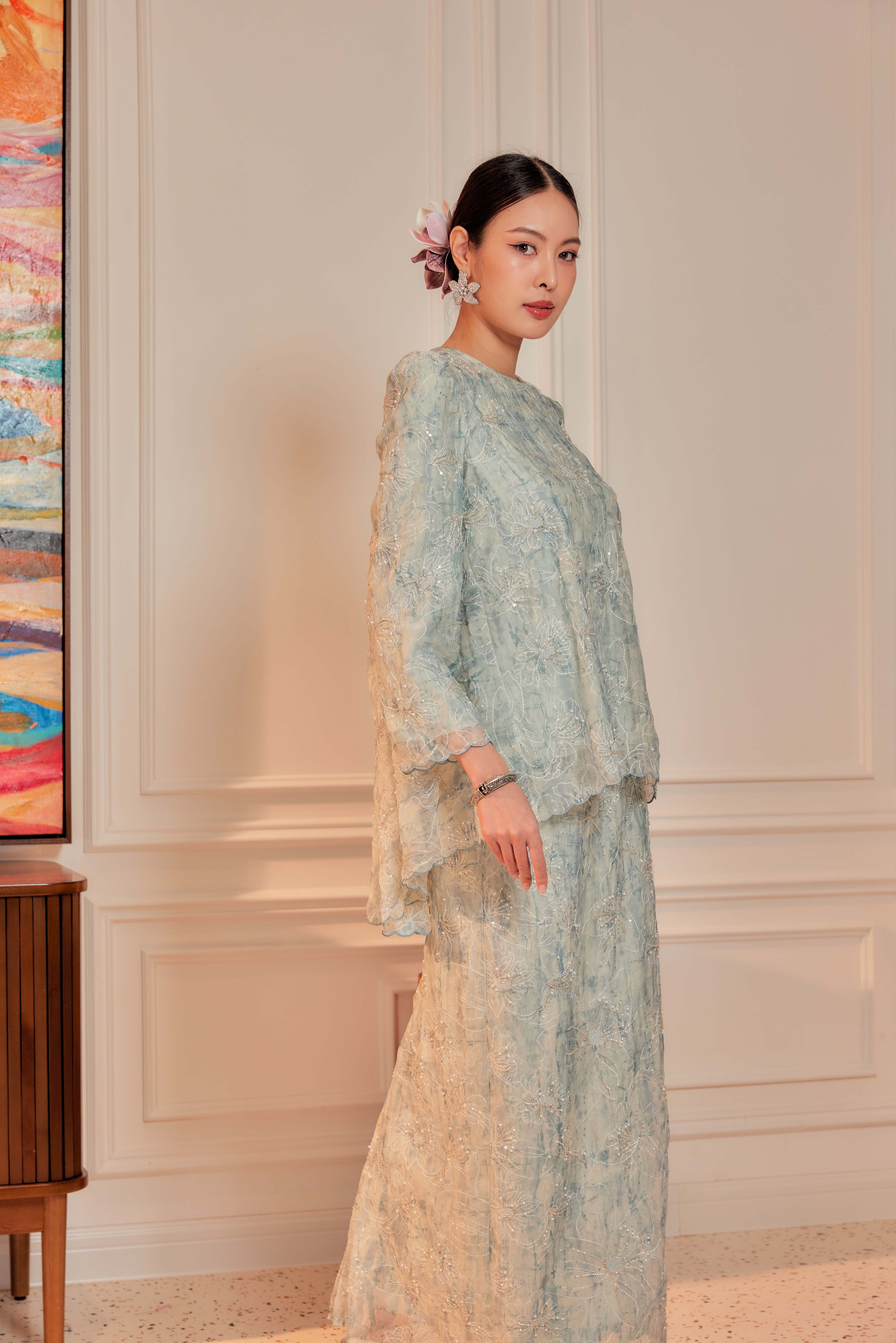 Ash Teal - Nona Pearl Beaded Embellished Kurung (Fully Lined)