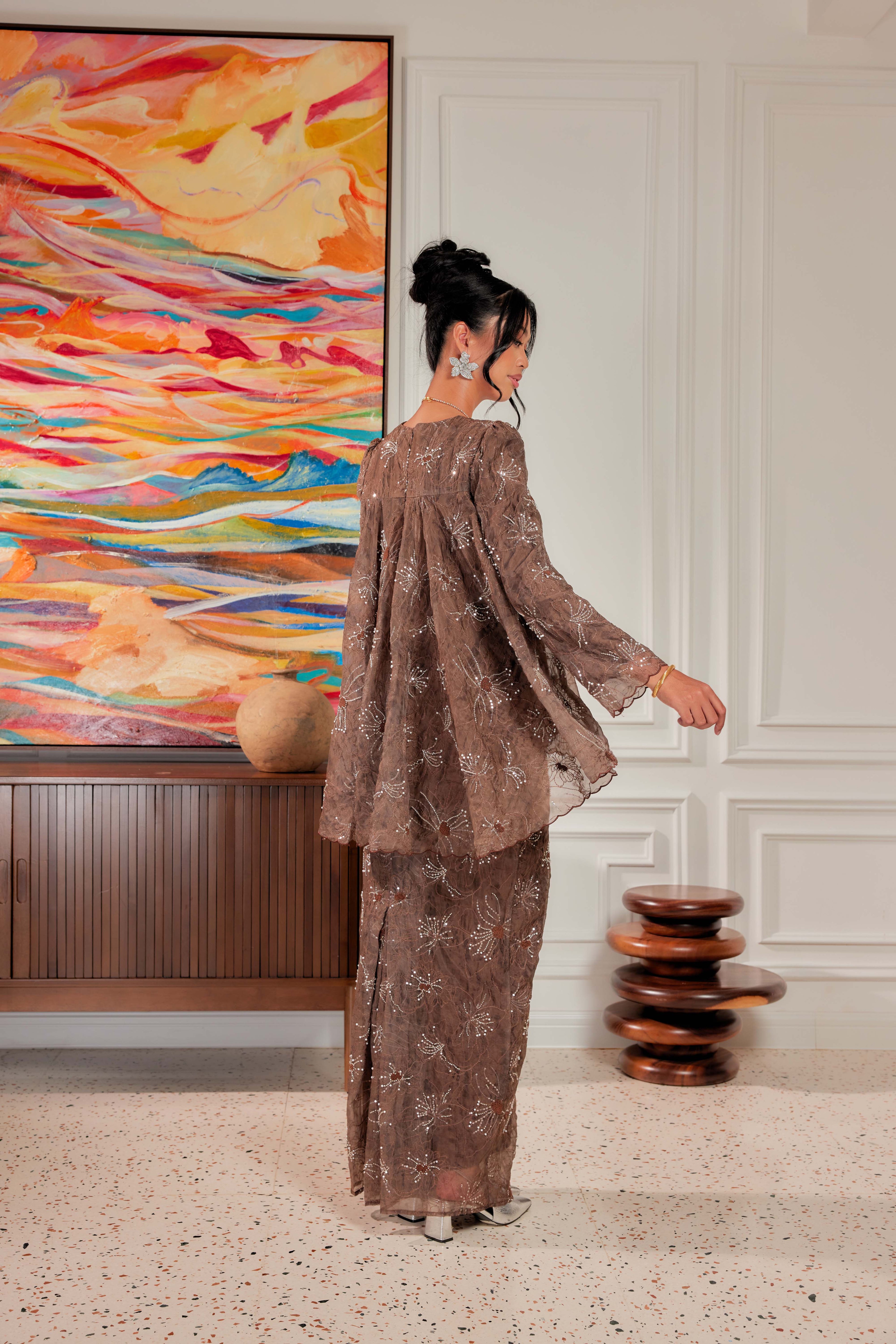 Rich Brown - Nona Pearl Beaded Embellished Kurung (Fully Lined)