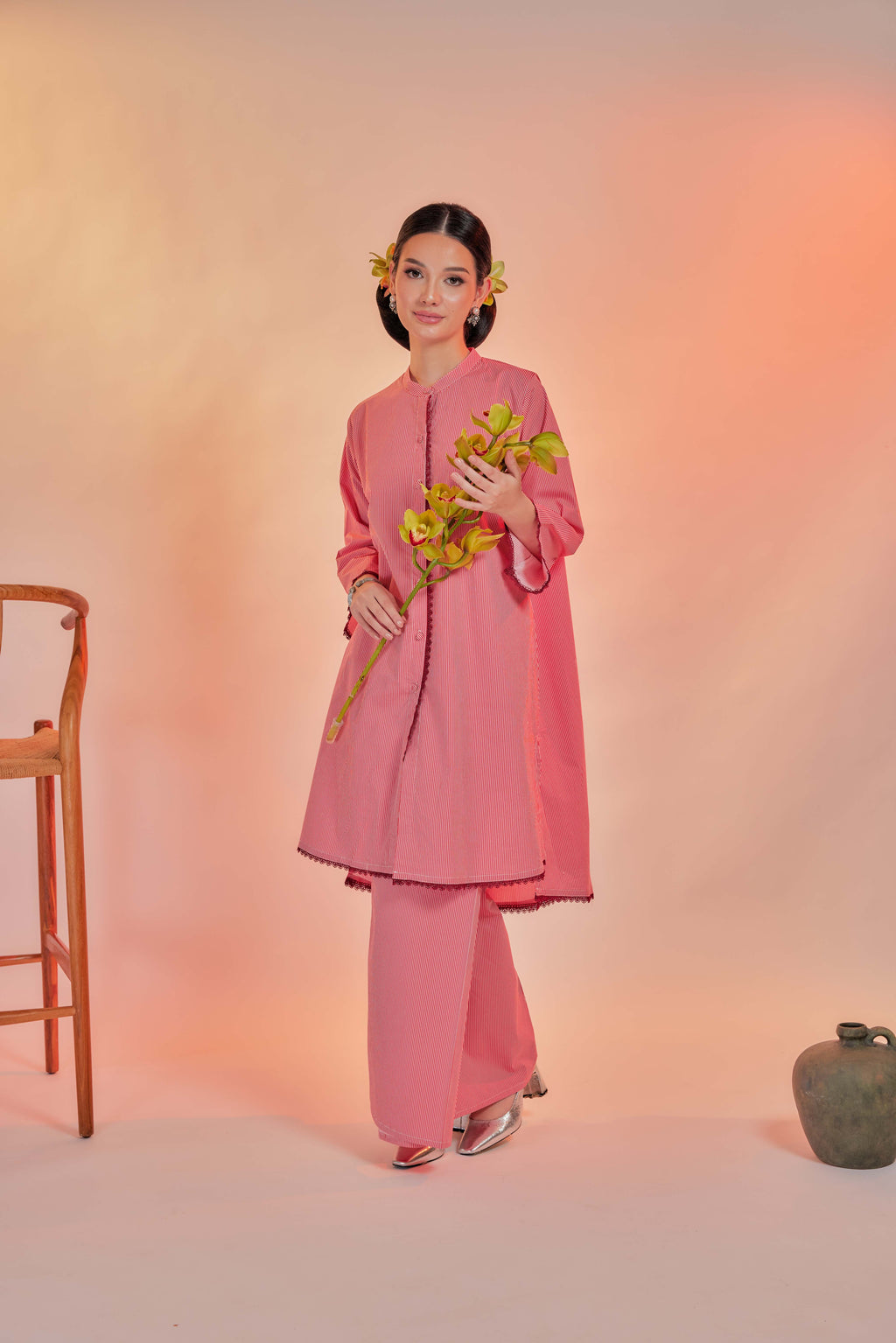 Biram-Airis Cotton Striped Kebarung with Lace Trim Set