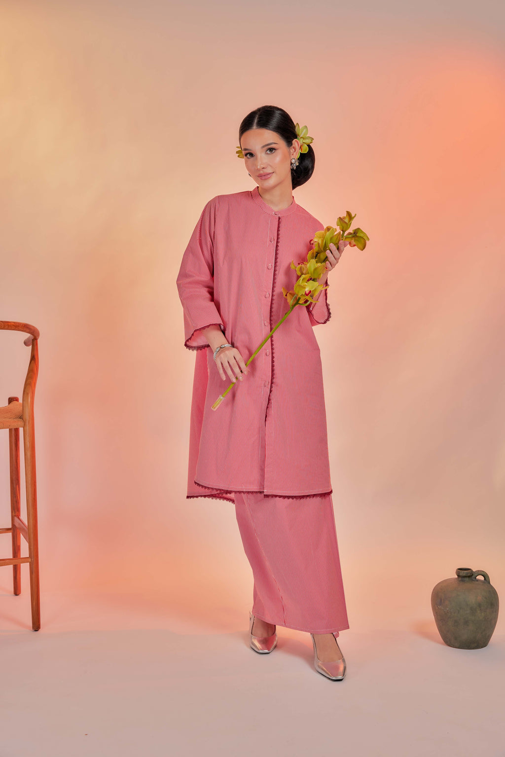 Biram-Airis Cotton Striped Kebarung with Lace Trim Set