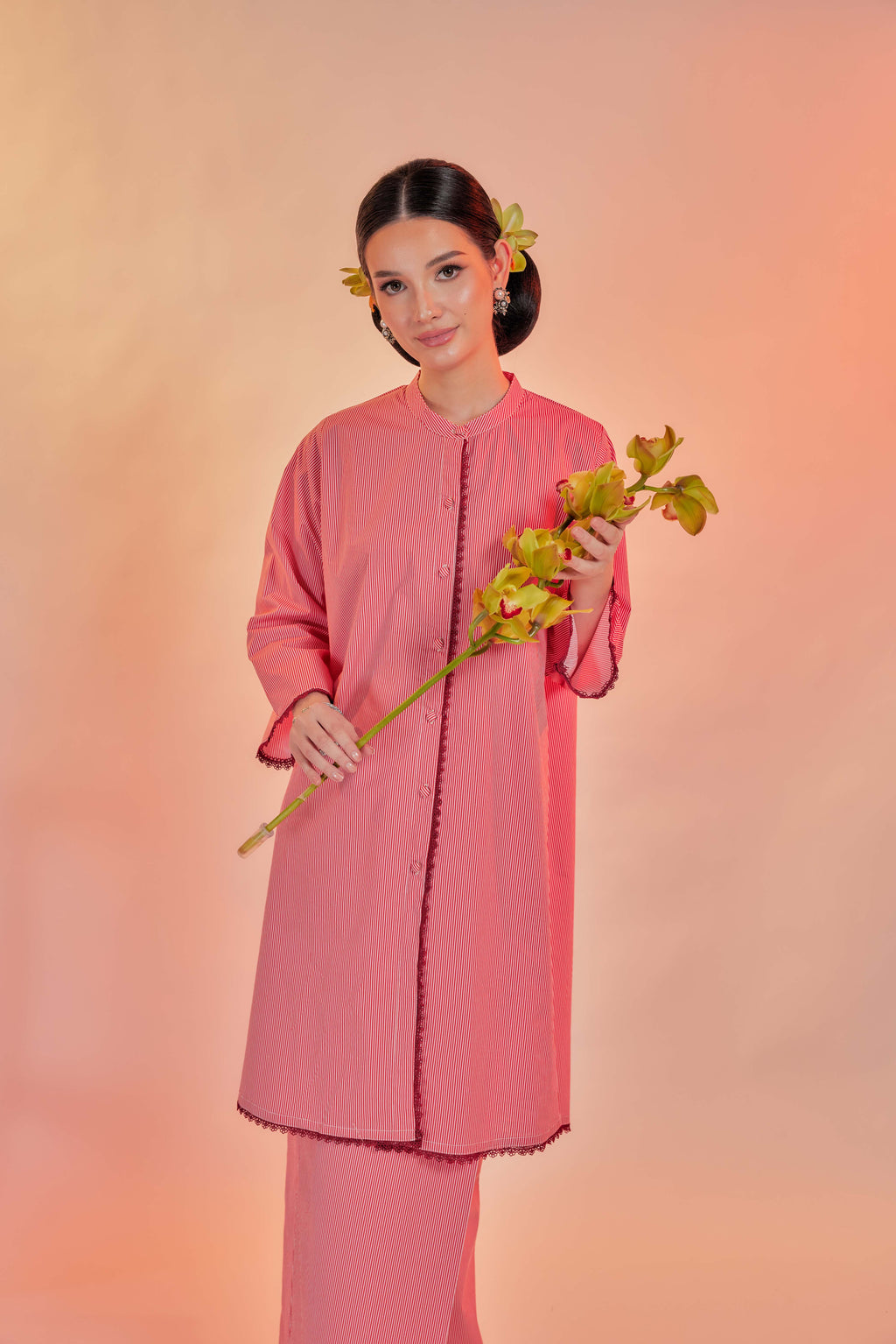 Biram-Airis Cotton Striped Kebarung with Lace Trim Set