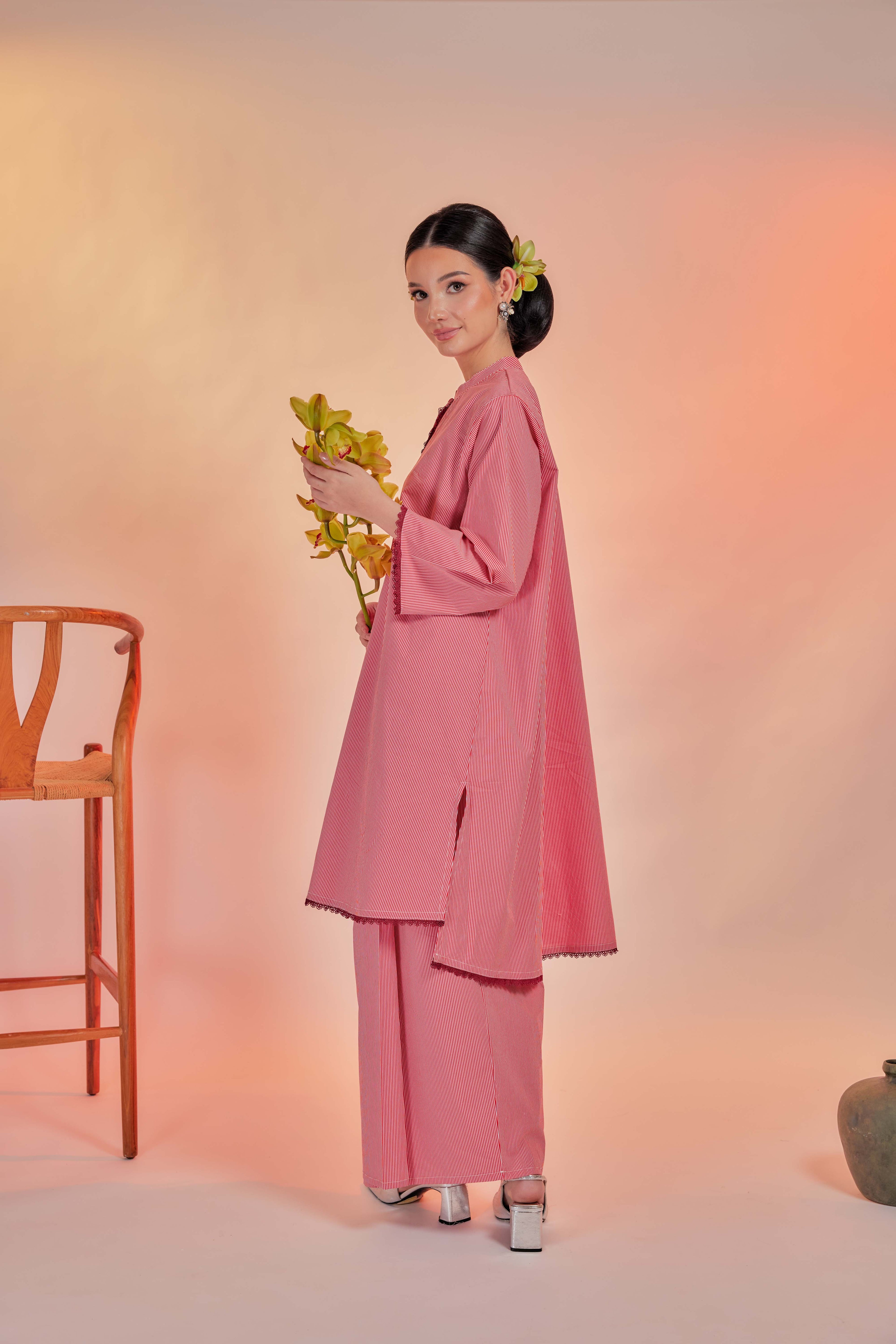 Biram-Airis Cotton Striped Kebarung with Lace Trim Set