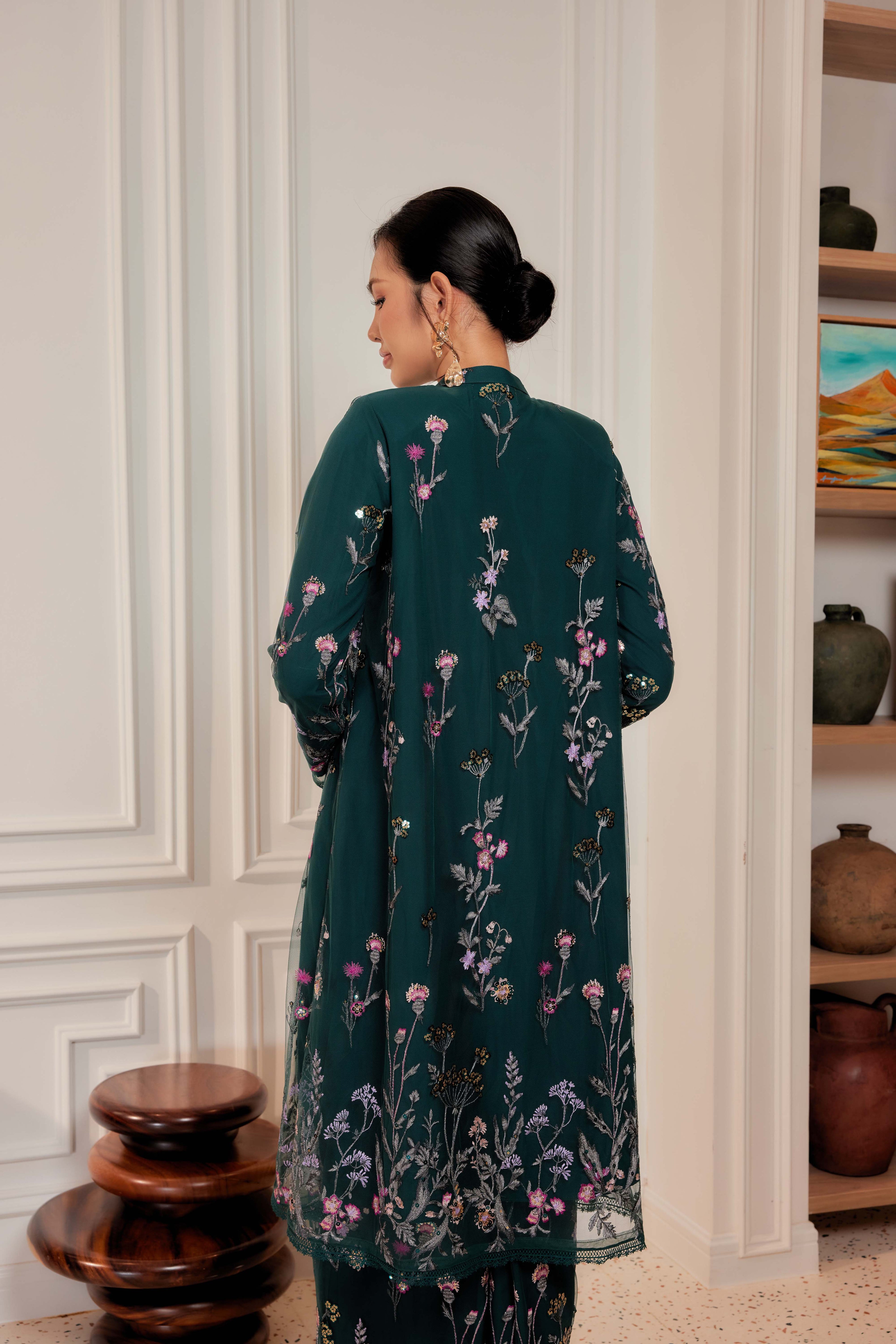 Emerald Green - Dian Embellished Kebarung with Embroidery Lace Trim