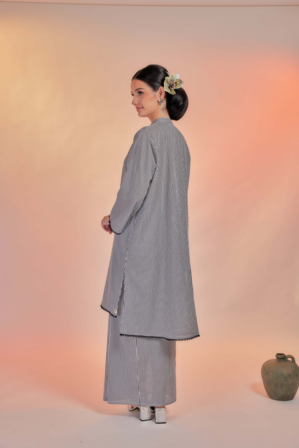 Langking-Airis Cotton Striped Kebarung with Lace Trim Set