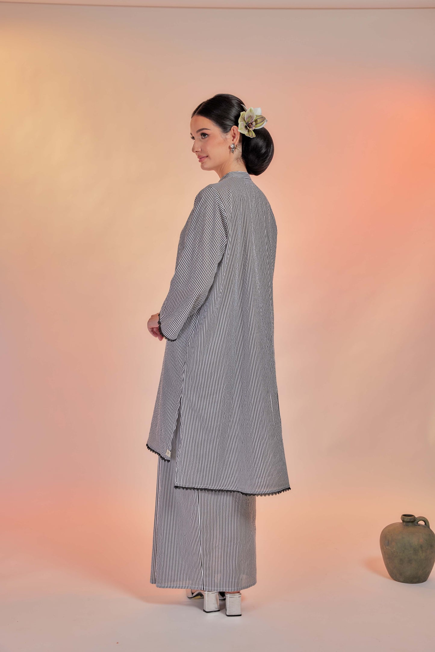 Langking-Airis Cotton Striped Kebarung with Lace Trim Set