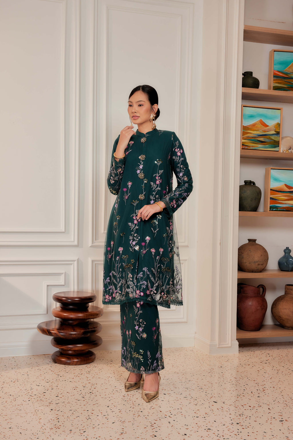 Emerald Green - Dian Embellished Kebarung with Embroidery Lace Trim