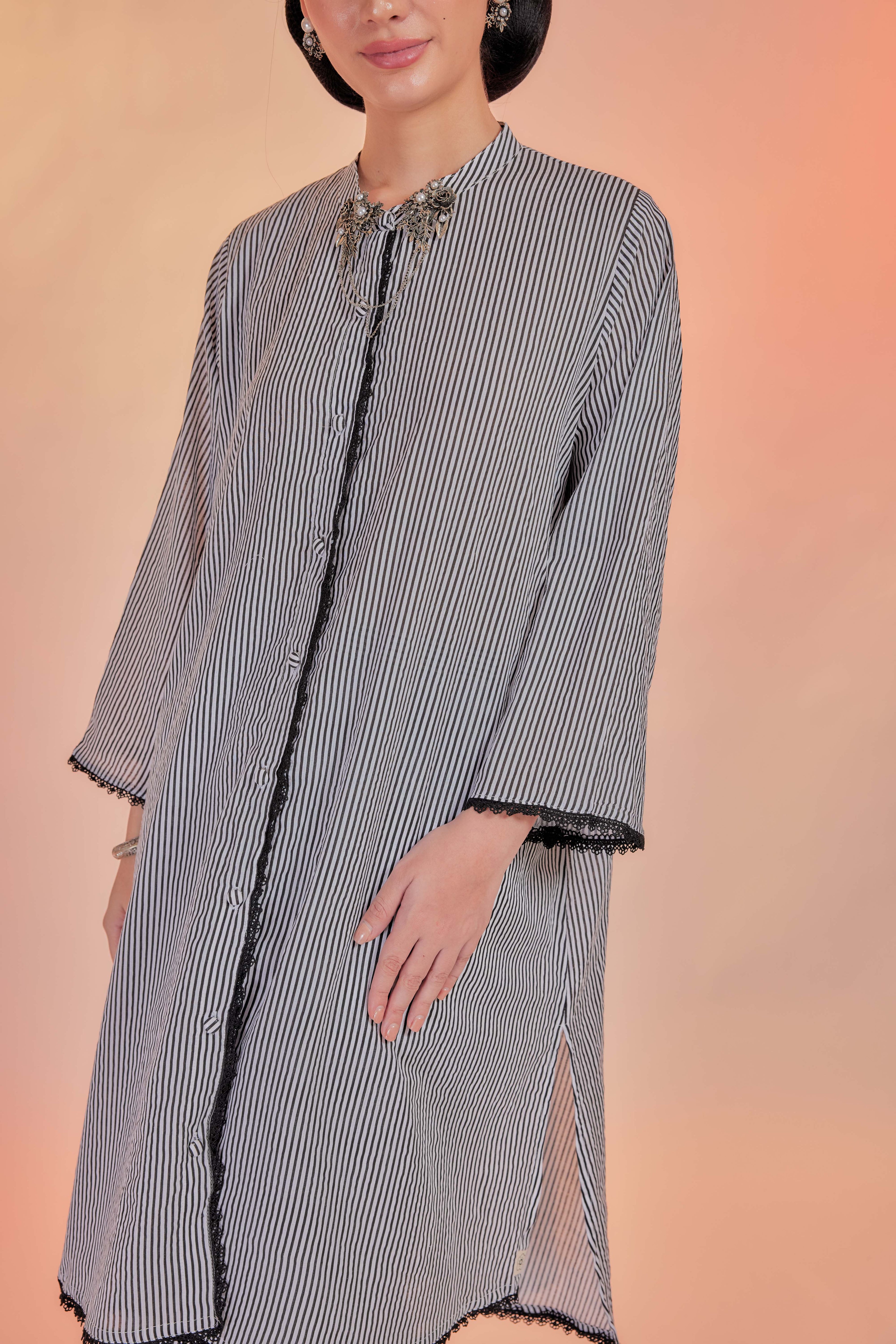 Langking-Airis Cotton Striped Kebarung with Lace Trim Set