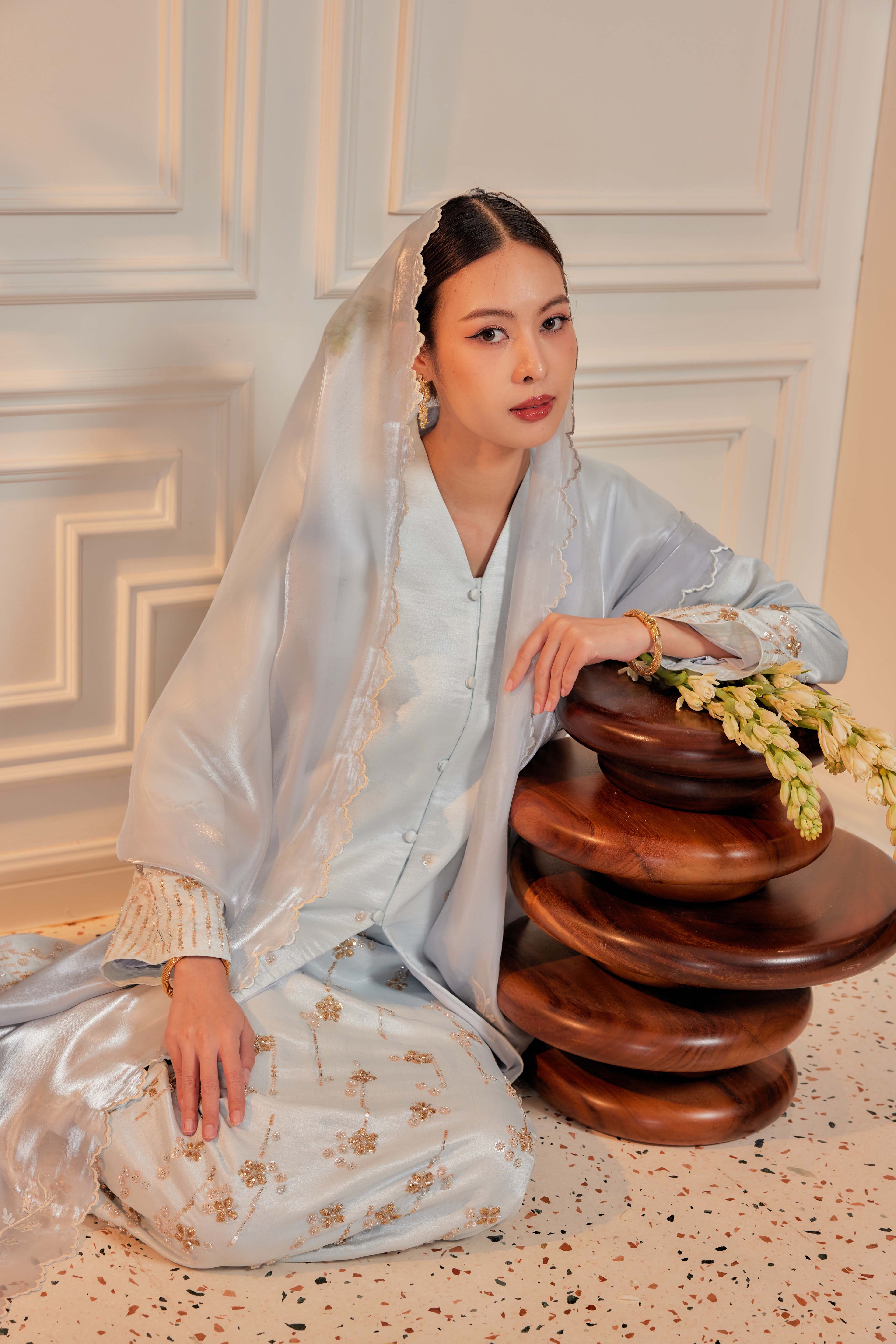 Whispy Blue - Bidasari Beaded Bunga Tabur Motif Kebarung (Fully Lined)