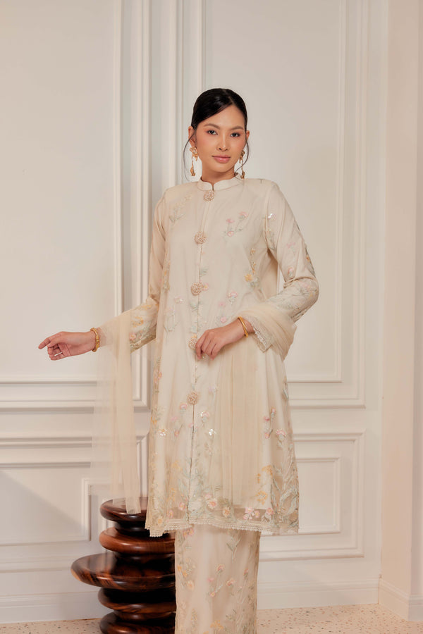 Champagne Beige - Dian Embellished Kebarung with Embroidery Lace Trim [PREORDER MID FEB]