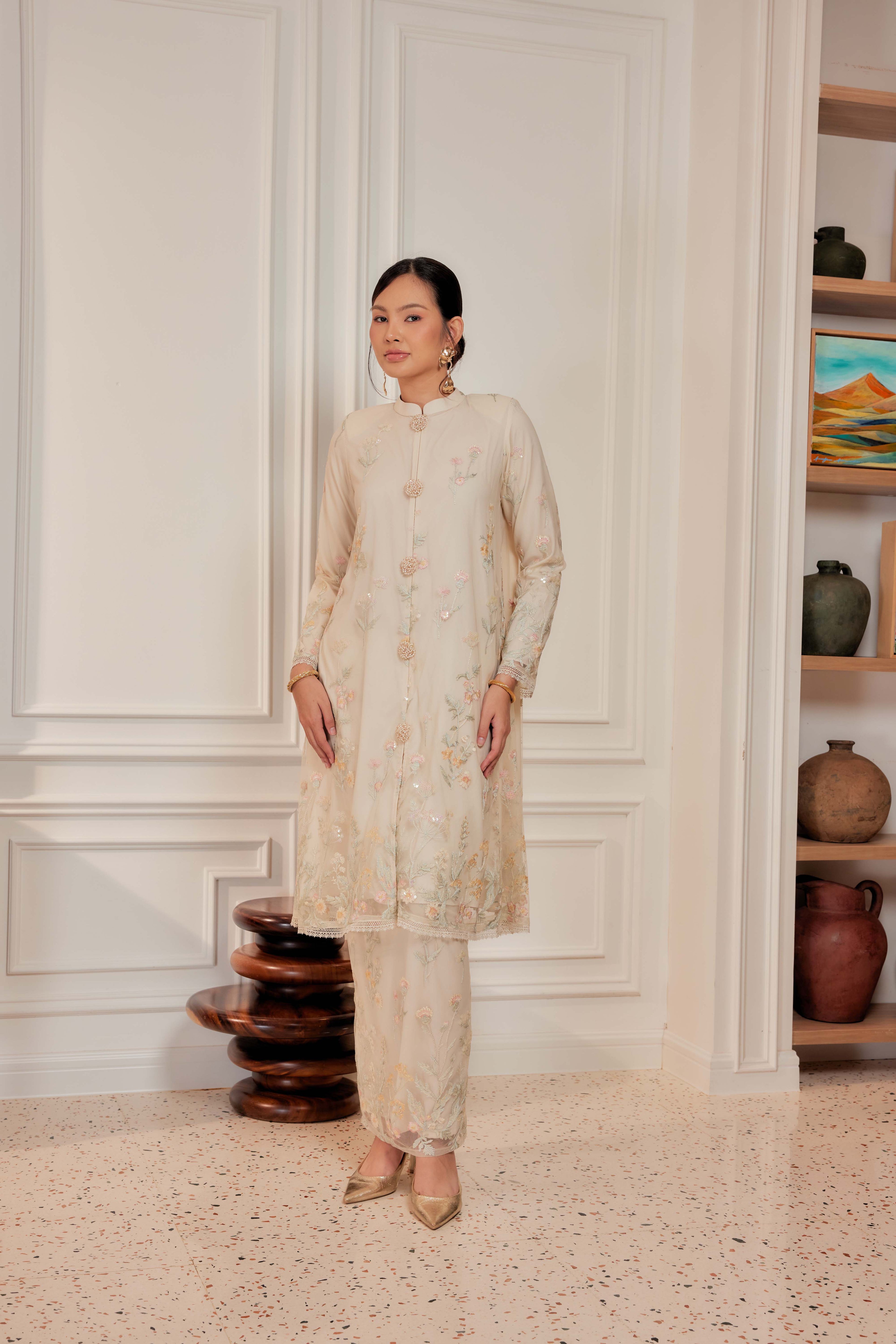 Champagne Beige - Dian Embellished Kebarung with Embroidery Lace Trim [PREORDER MID FEB]