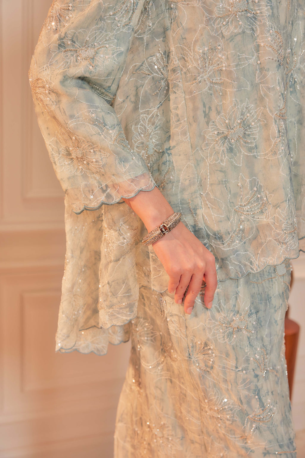 Ash Teal - Nona Pearl Beaded Embellished Kurung (Fully Lined)