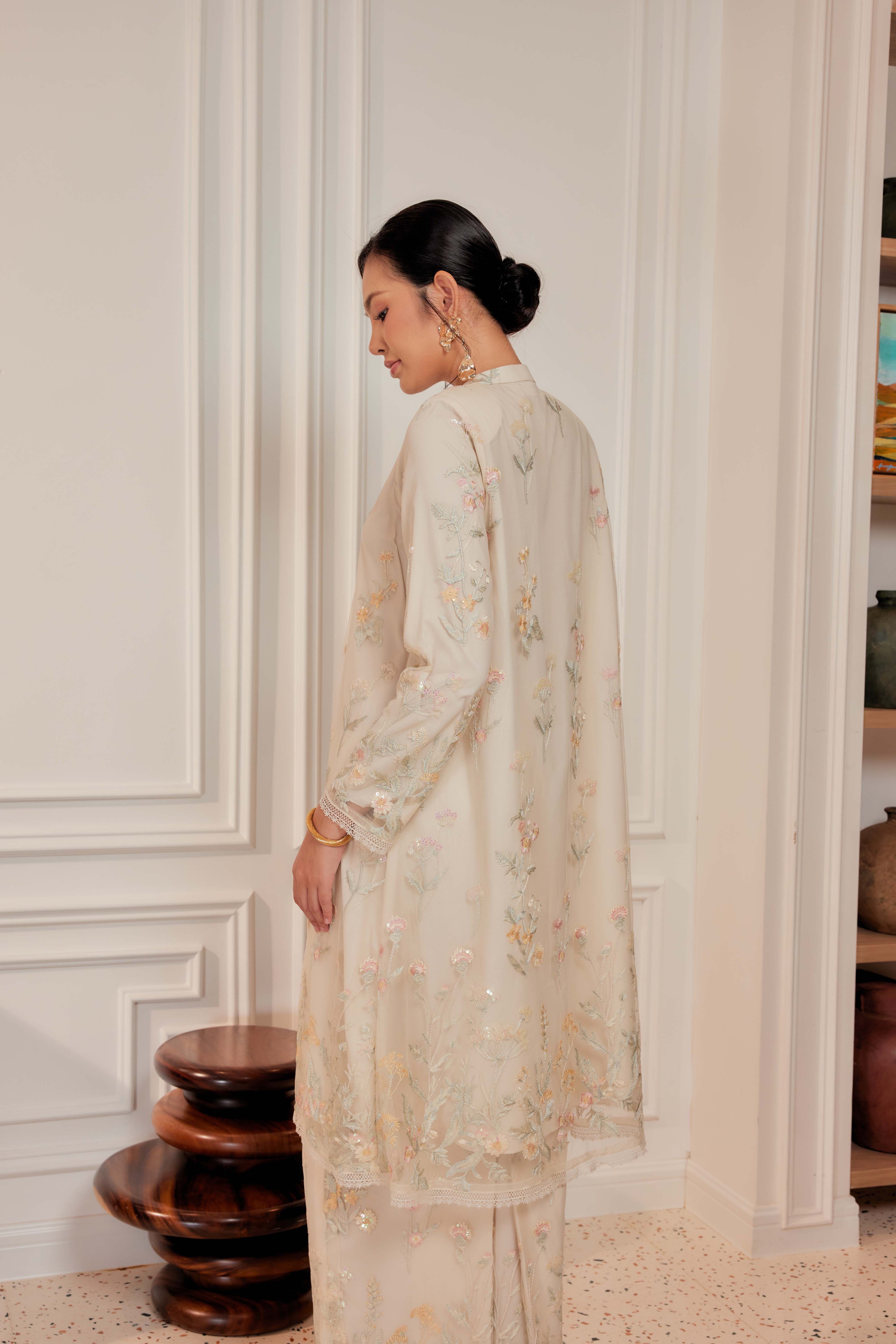 Champagne Beige - Dian Embellished Kebarung with Embroidery Lace Trim [PREORDER MID FEB]