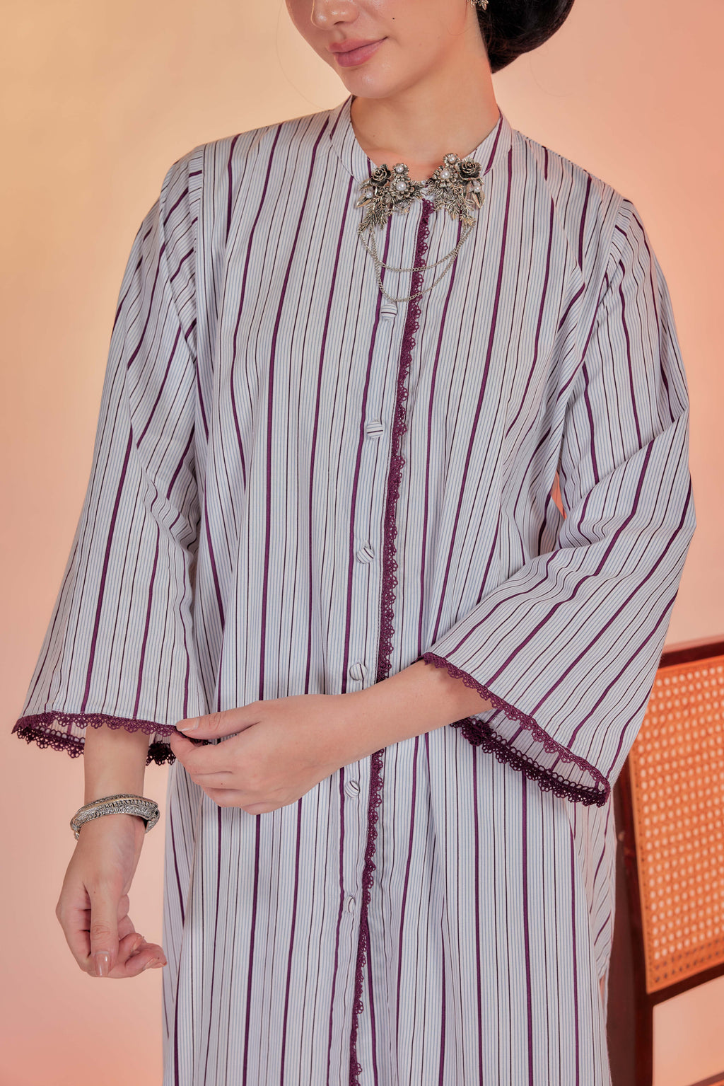 Ijas-Airis Cotton Striped Kebarung with Lace Trim Set