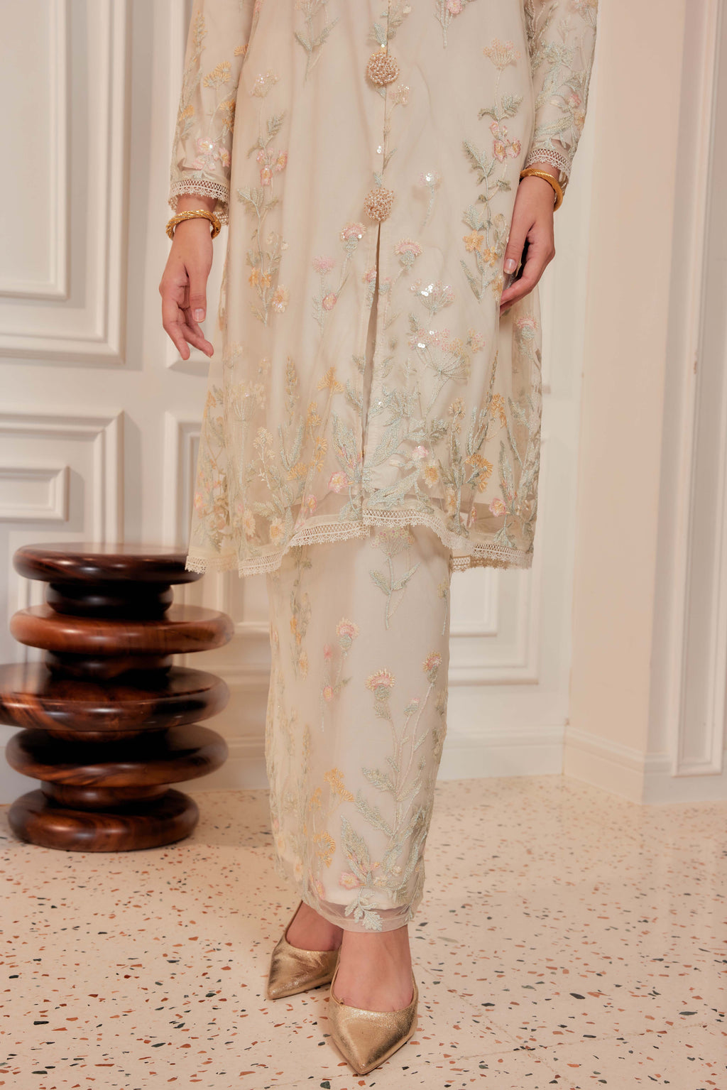 Champagne Beige - Dian Embellished Kebarung with Embroidery Lace Trim
