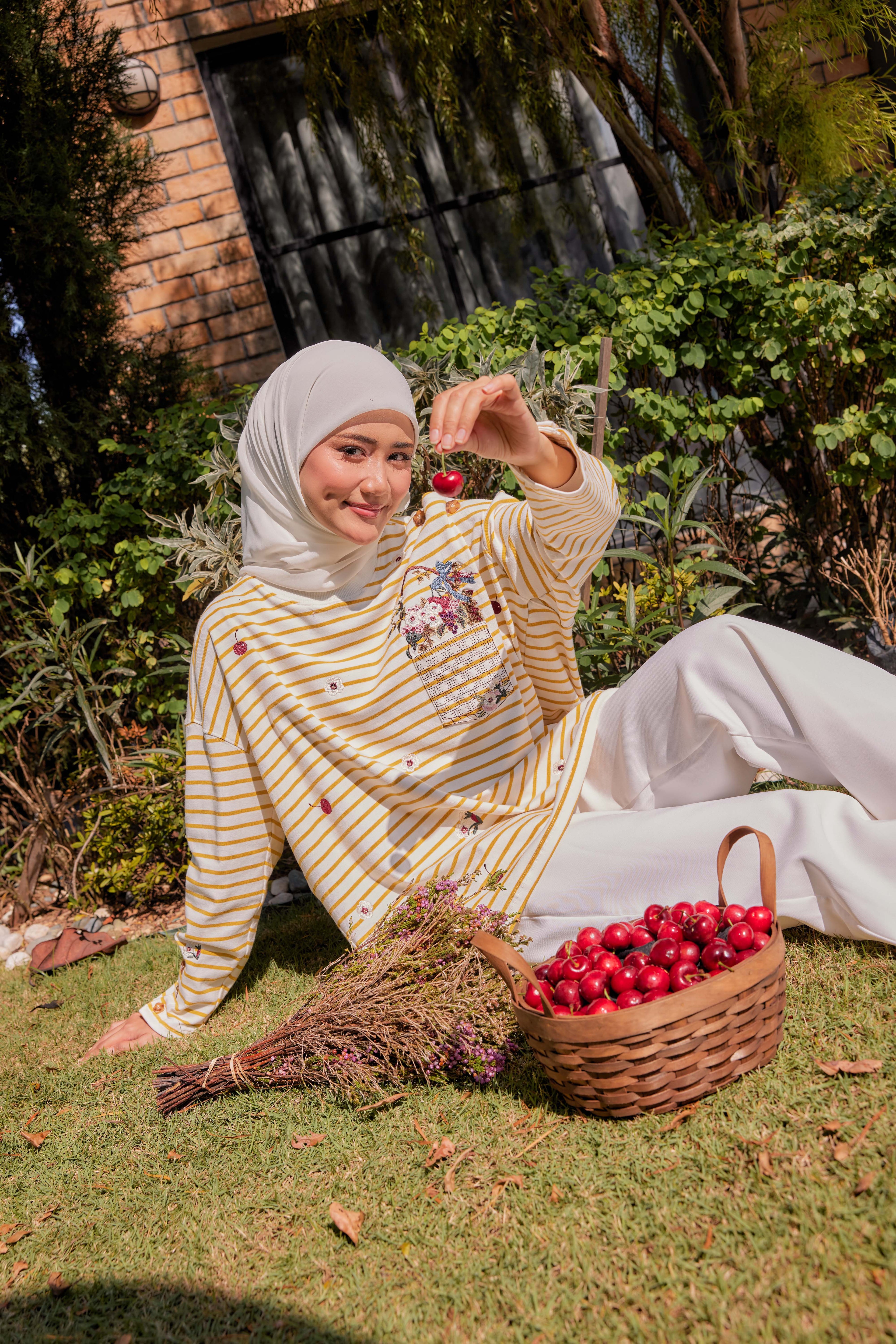 [PREORDER] Fleuriste Embroidered Cotton Tee with Signature Buttons — Butter Yellow Stripes