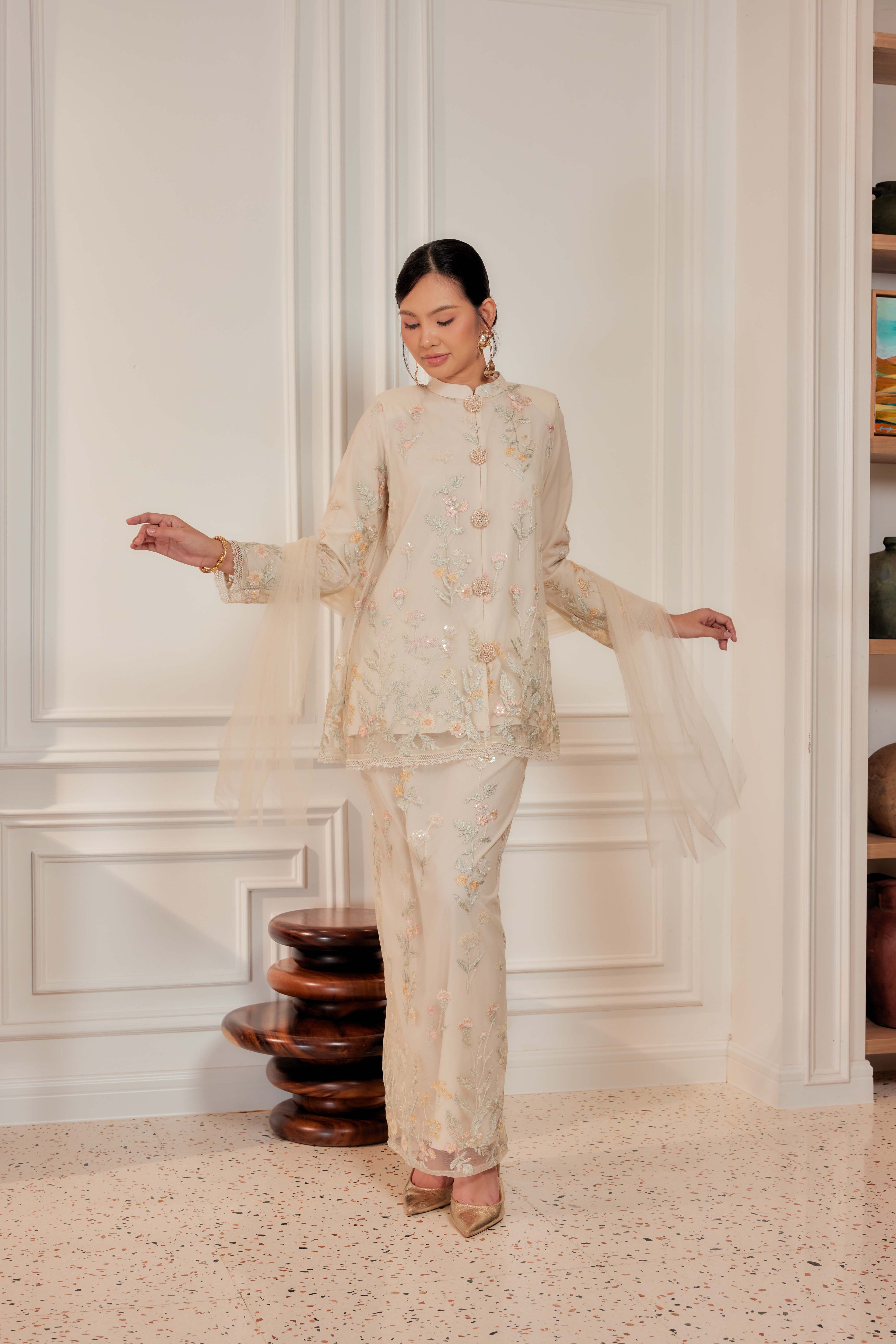 Champagne Beige - Dian Embellished Kebarung with Embroidery Lace Trim [PREORDER MID FEB]