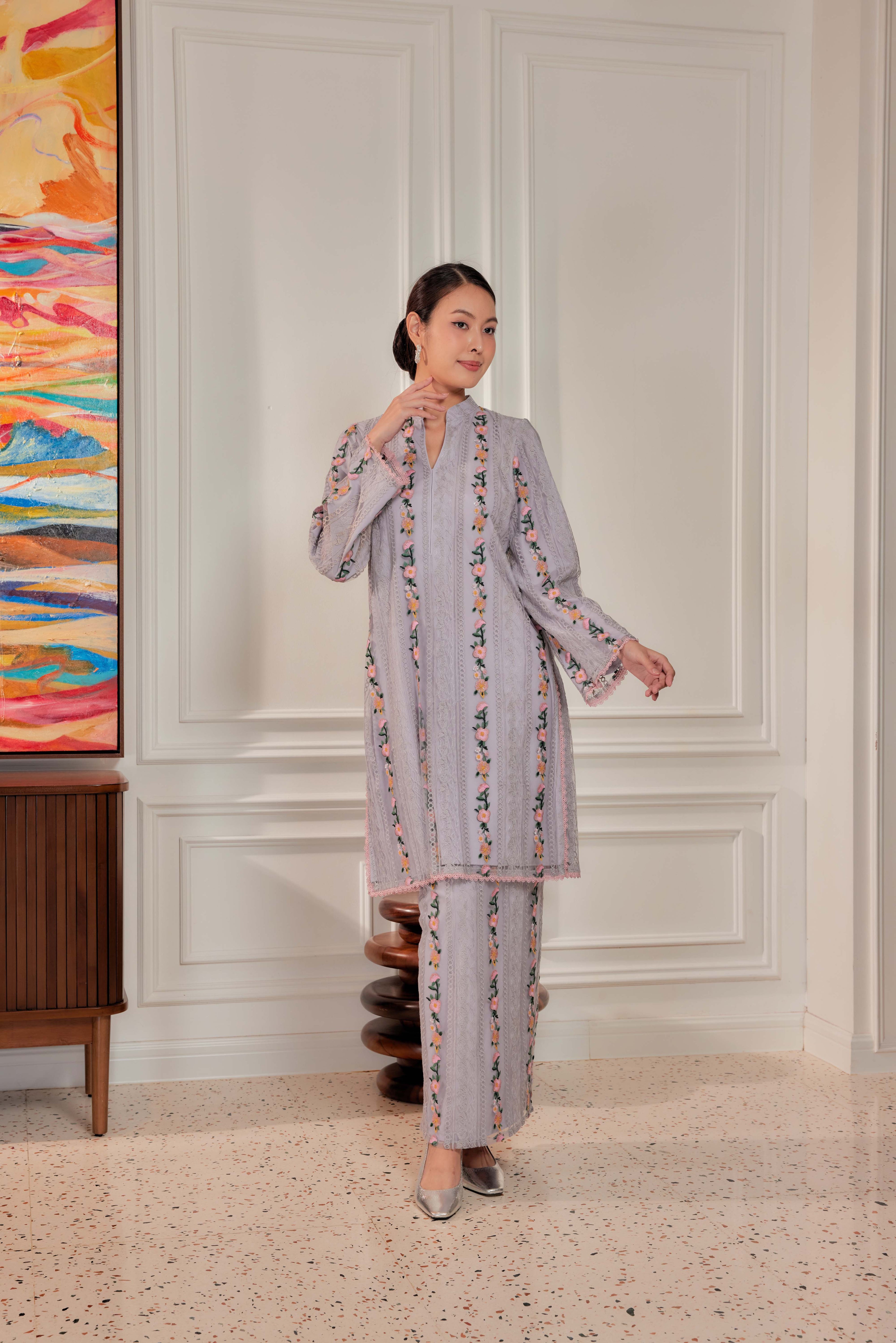 Dove Grey - Nelissa Embroidered Kurung (Fully Lined)