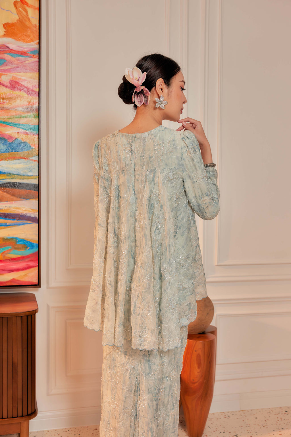 Ash Teal - Nona Pearl Beaded Embellished Kurung (Fully Lined)