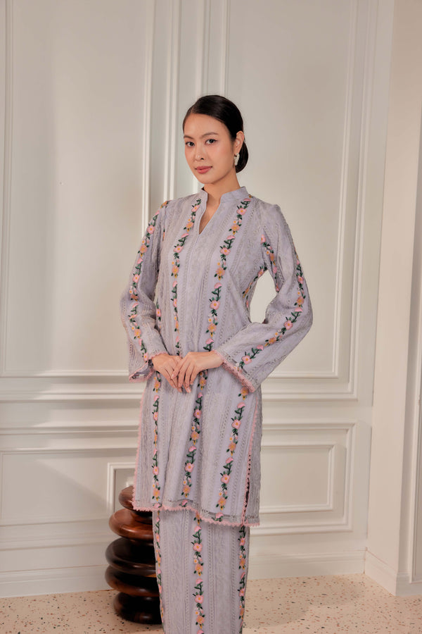 Dove Grey - Nelissa Embroidered Kurung (Fully Lined)