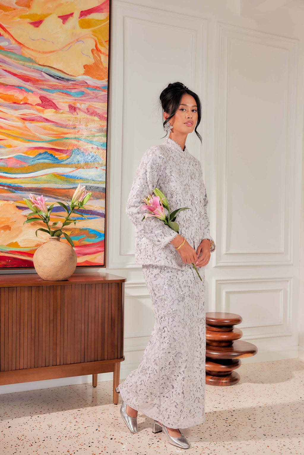 Silver Lilac - Janggan Beaded Lace Kebaya (Fully Lined)