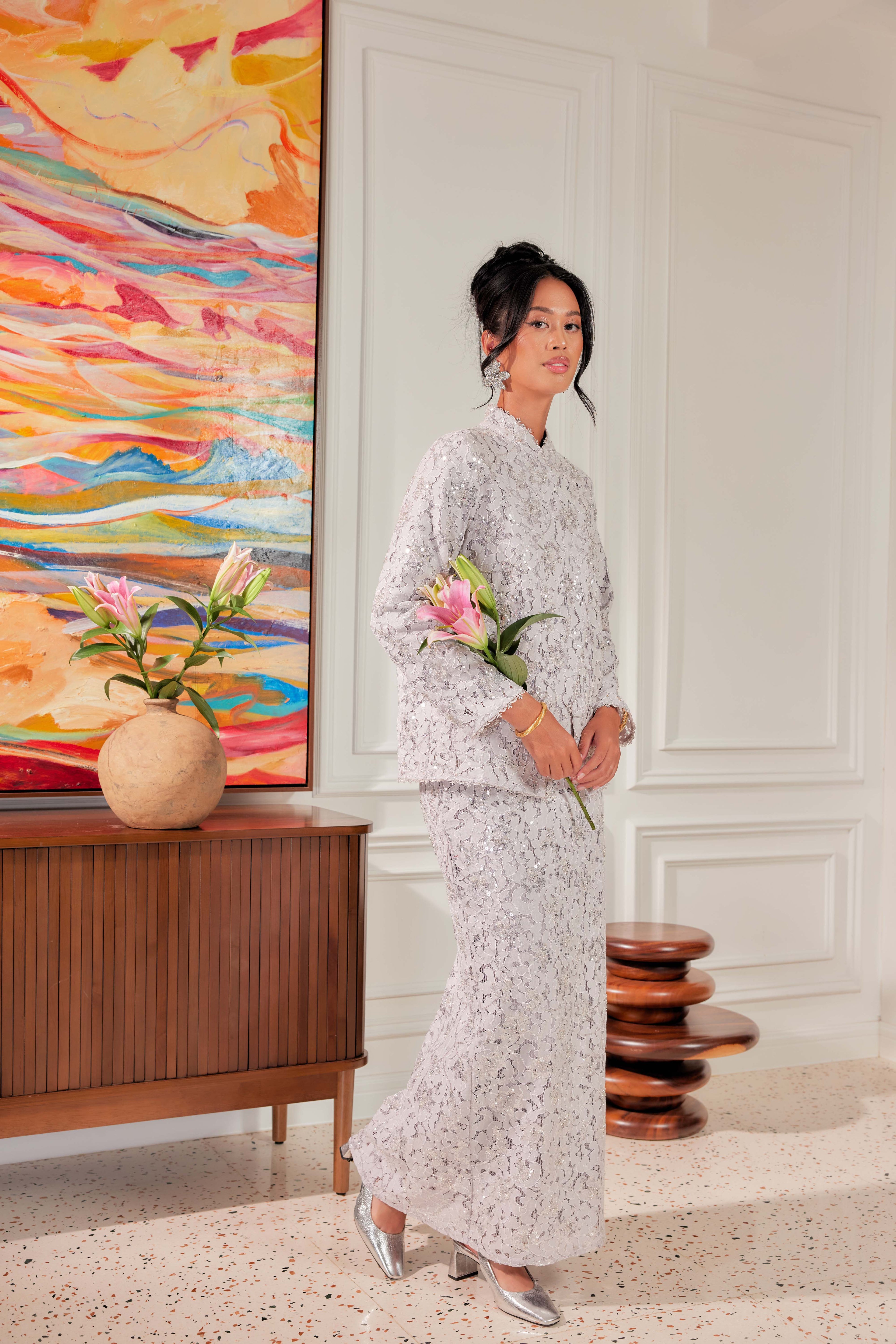 Silver Lilac - Janggan Beaded Lace Kebaya (Fully Lined)