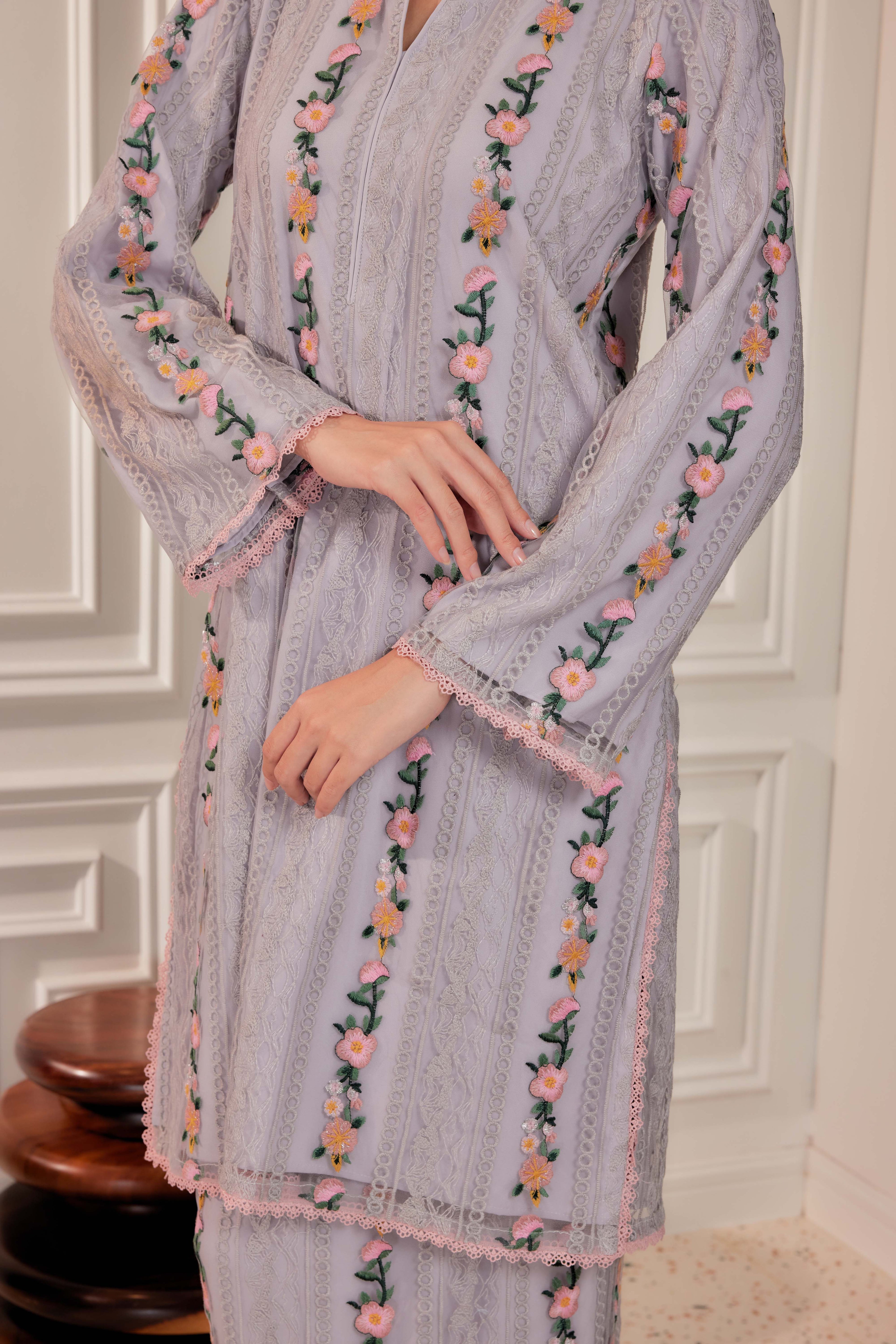 Dove Grey - Nelissa Embroidered Kurung (Fully Lined)