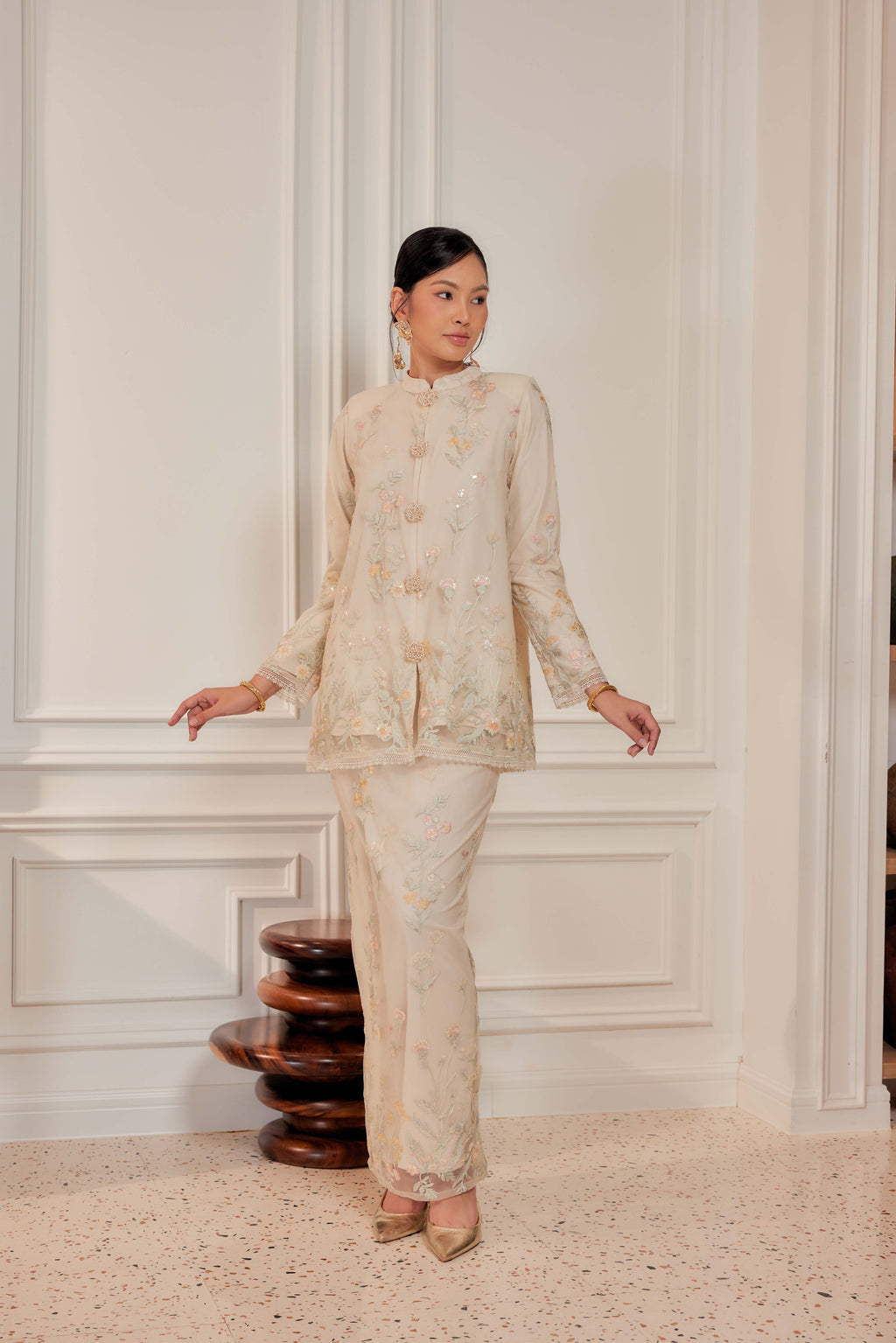 Champagne Beige - Dian Embellished Kebarung with Embroidery Lace Trim