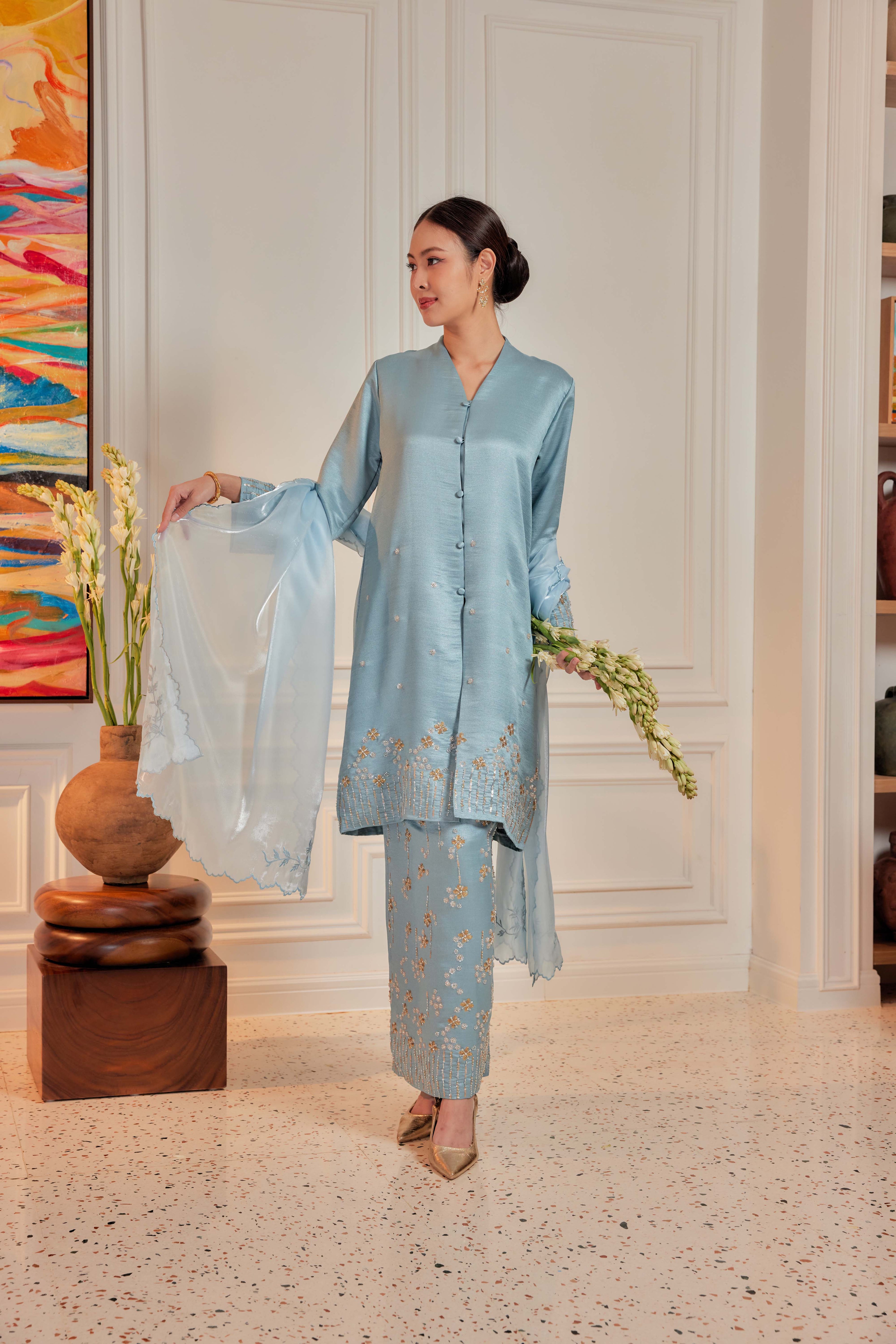 Vintage Teal - Bidasari Beaded Bunga Tabur Motif Kebarung (Fully Lined)