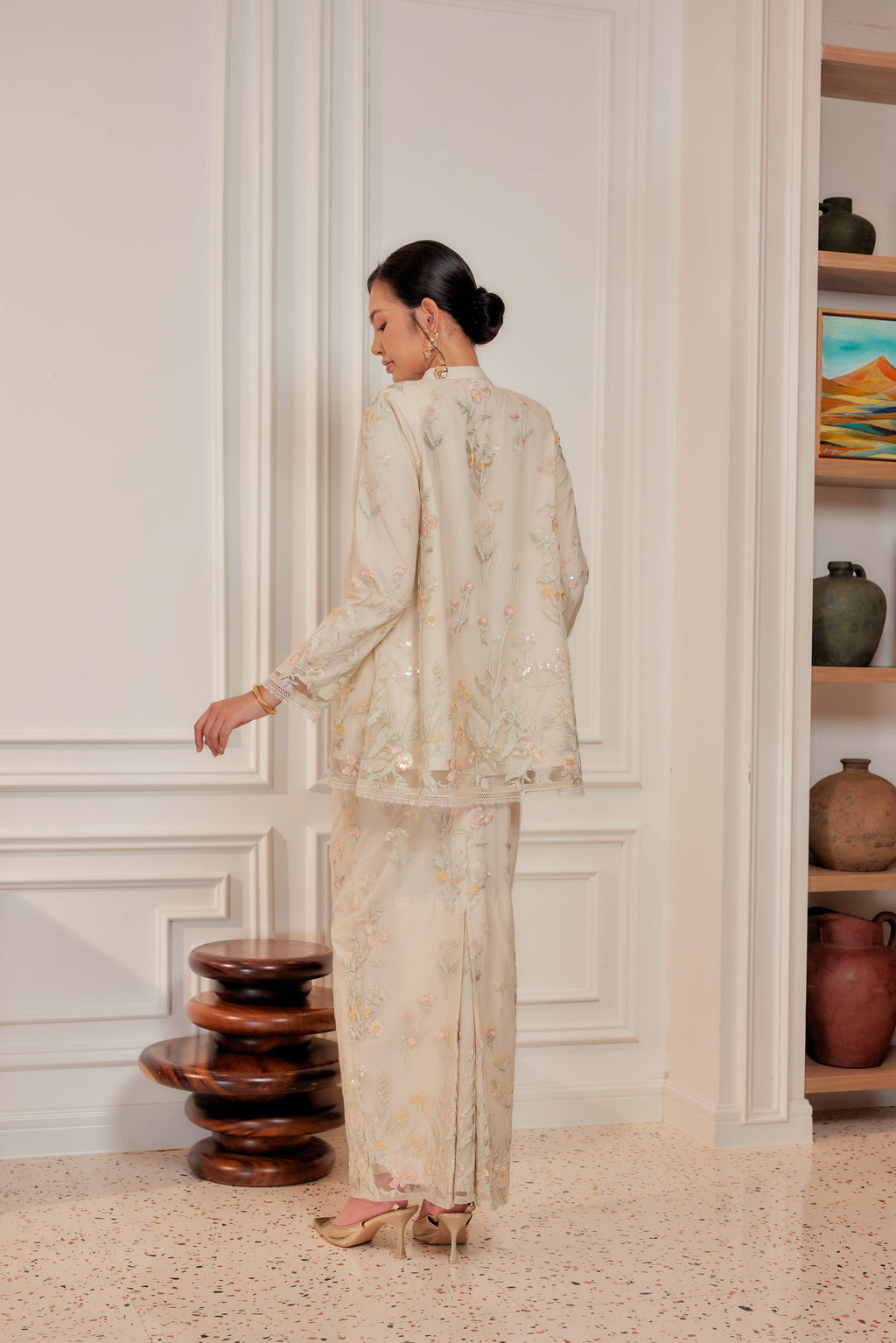 Champagne Beige - Dian Embellished Kebarung with Embroidery Lace Trim