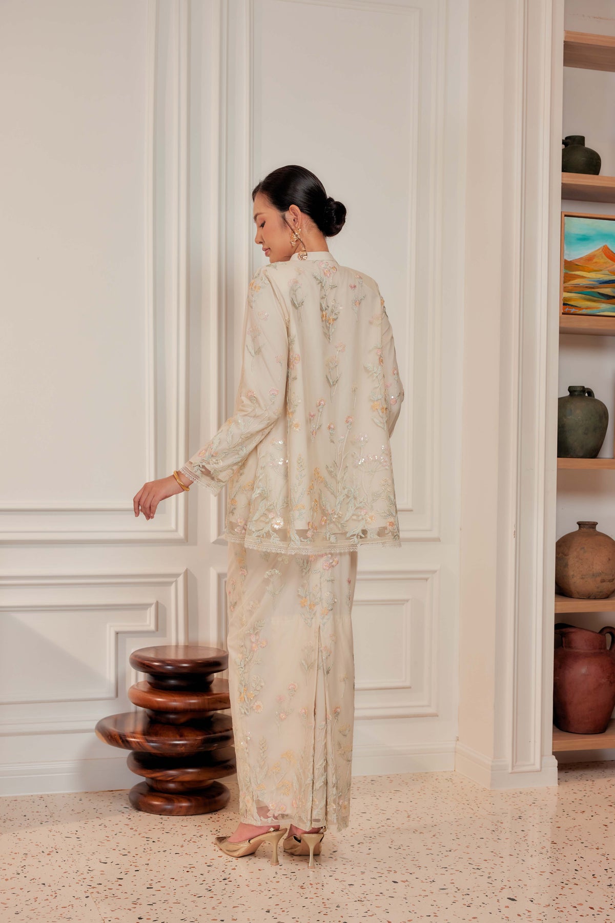 Champagne Beige - Dian Embellished Kebarung with Embroidery Lace Trim