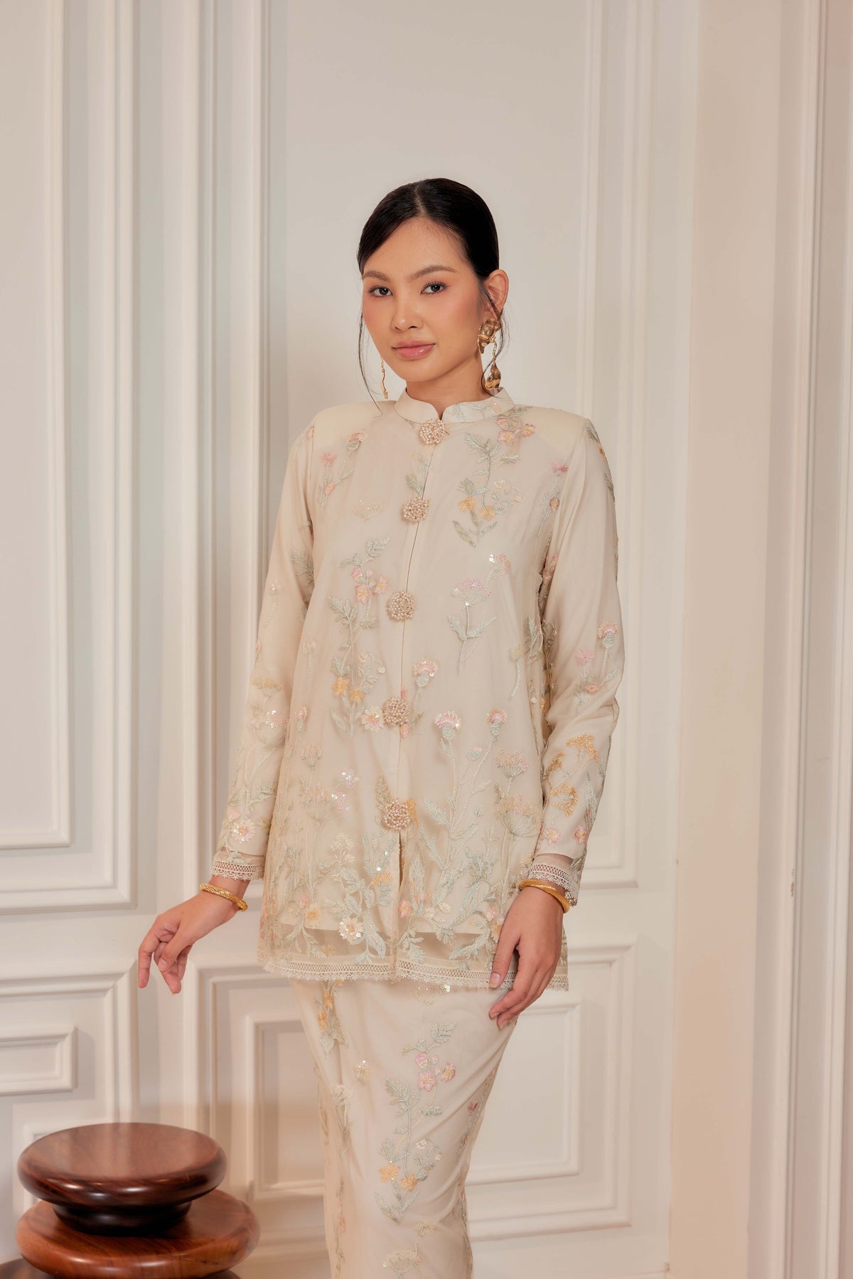 Champagne Beige - Dian Embellished Kebarung with Embroidery Lace Trim