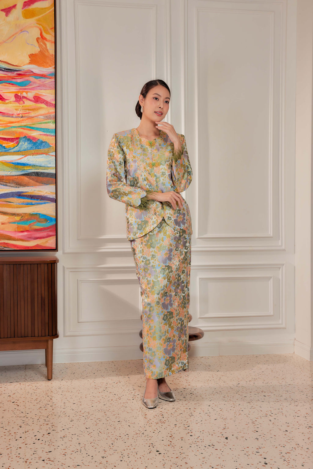 Moonlit Moss -  Purnama Embellished Kebaya with Feathered Sleeves (Fully Lined)